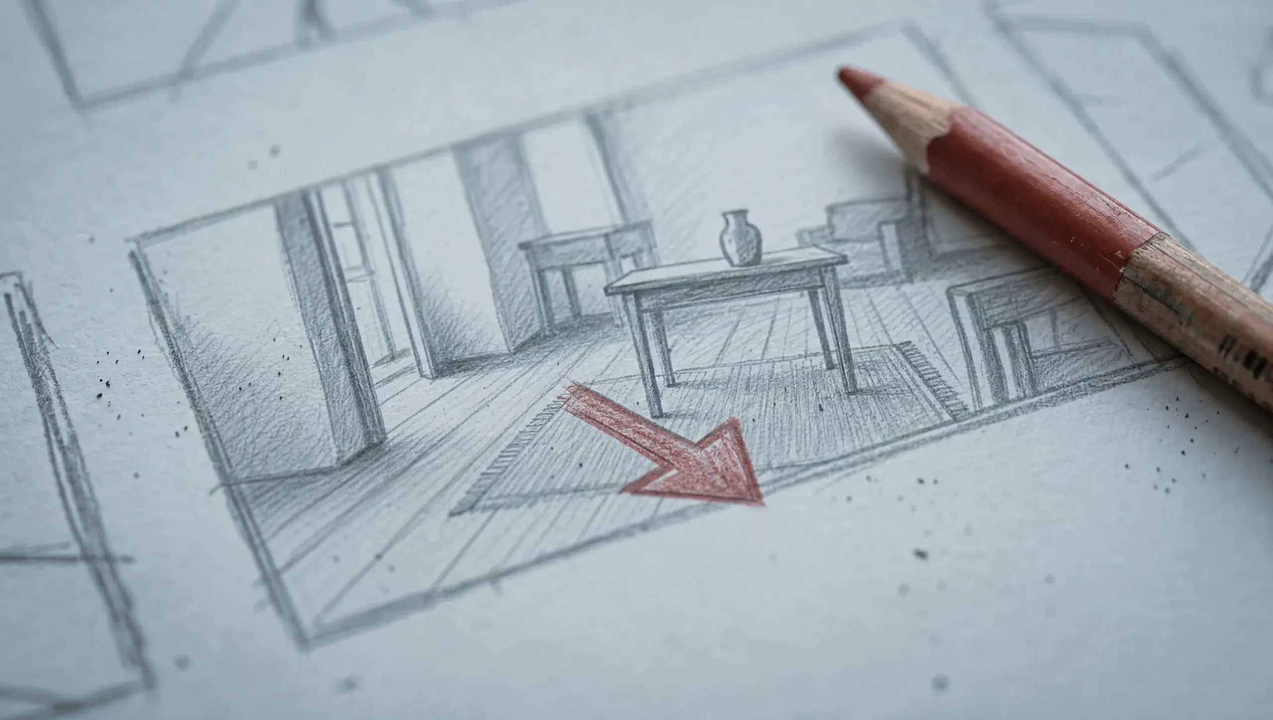 Storyboard pencil sketch with red directional arrow