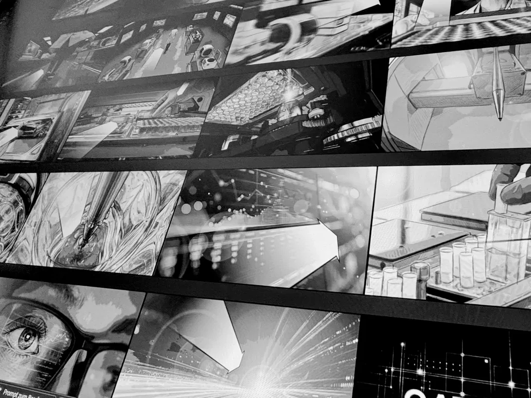 Black-and-white storyboard panels on a screen, seen at an angle: lab scenes, test tubes, an eye behind glasses