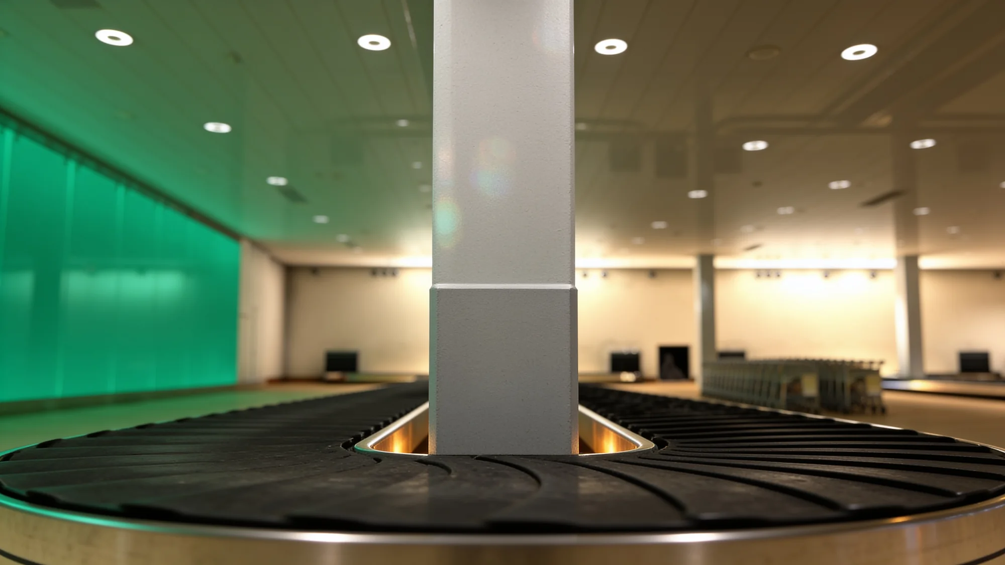 Close-up of the luggage carousel around a square column, green glass wall out of focus behind