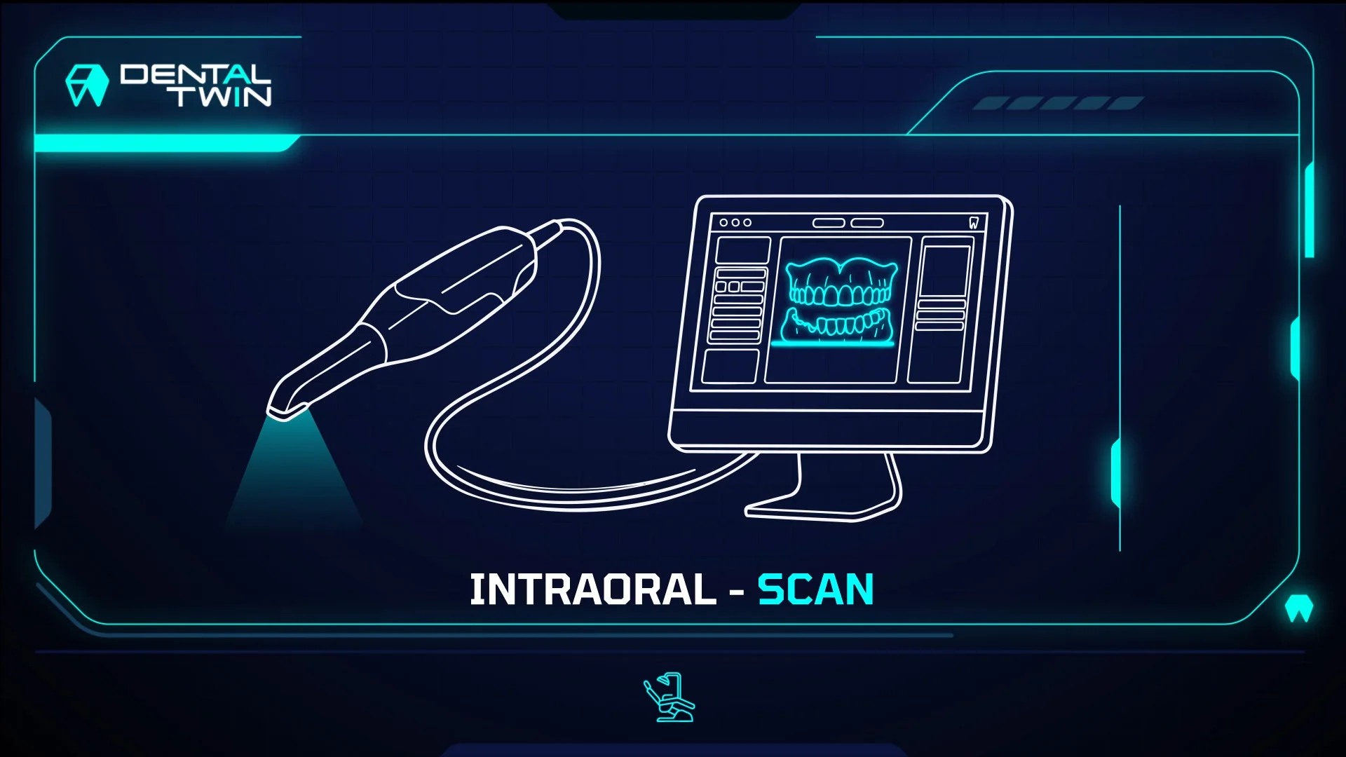 An intraoral scanner captures a patient's teeth, displayed as a 3D model on a monitor screen