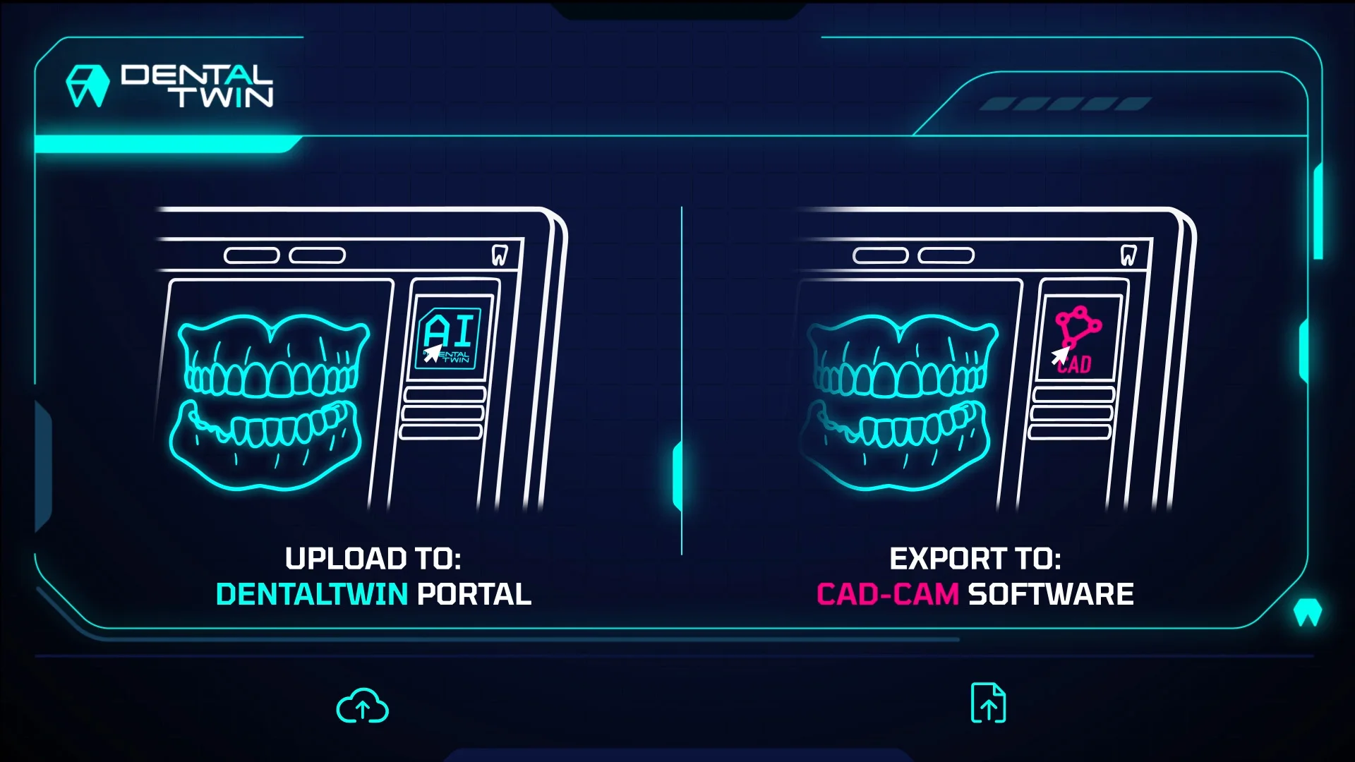 Split screen comparing an upload to the DentalTwin AI portal with an export to CAD-CAM design software