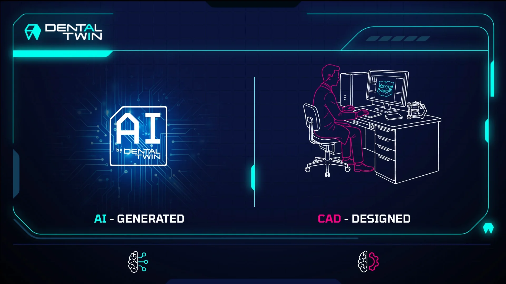 AI-generated design shown as an icon beside a technician manually designing at a CAD-CAM workstation