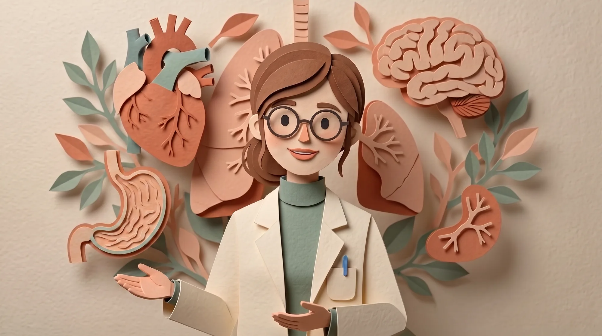 A paper-cut illustration of a doctor surrounded by paper organs and leaves