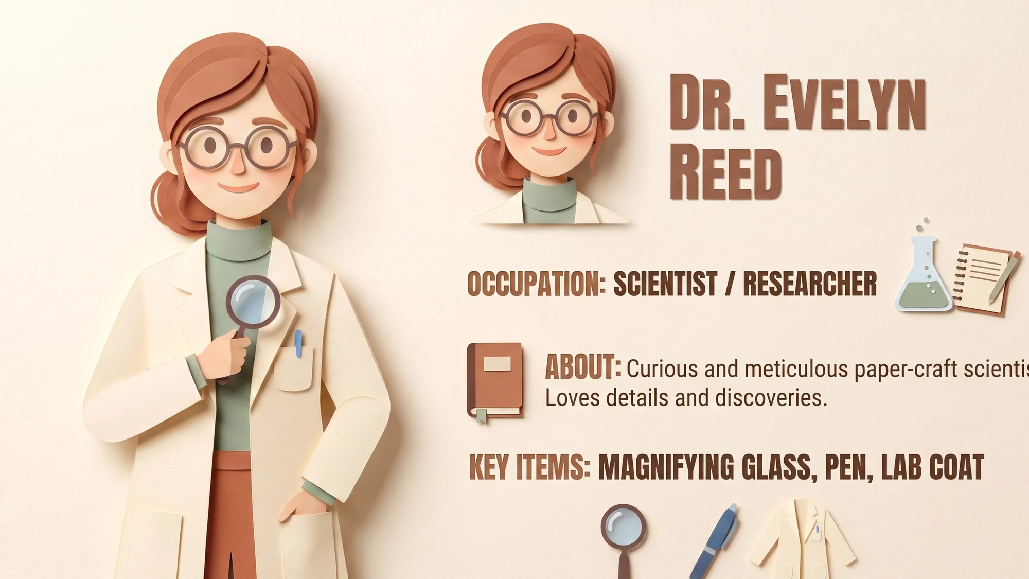 Dr. Evelyn Reed character sheet — full figure in lab coat with magnifying glass, head close-up, occupation, key items