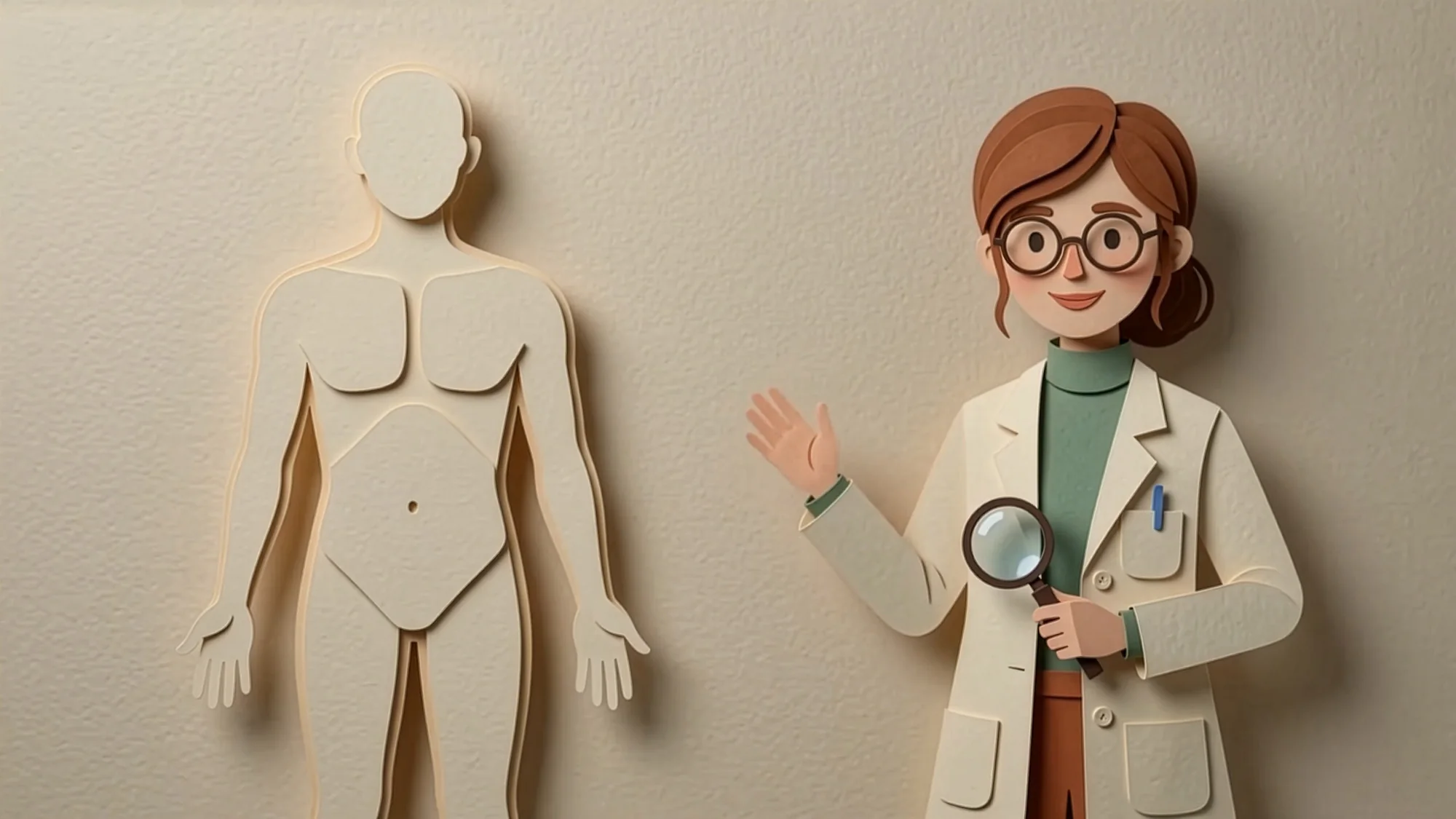Dr. Reed introducing an empty human body outline, paper-cut style