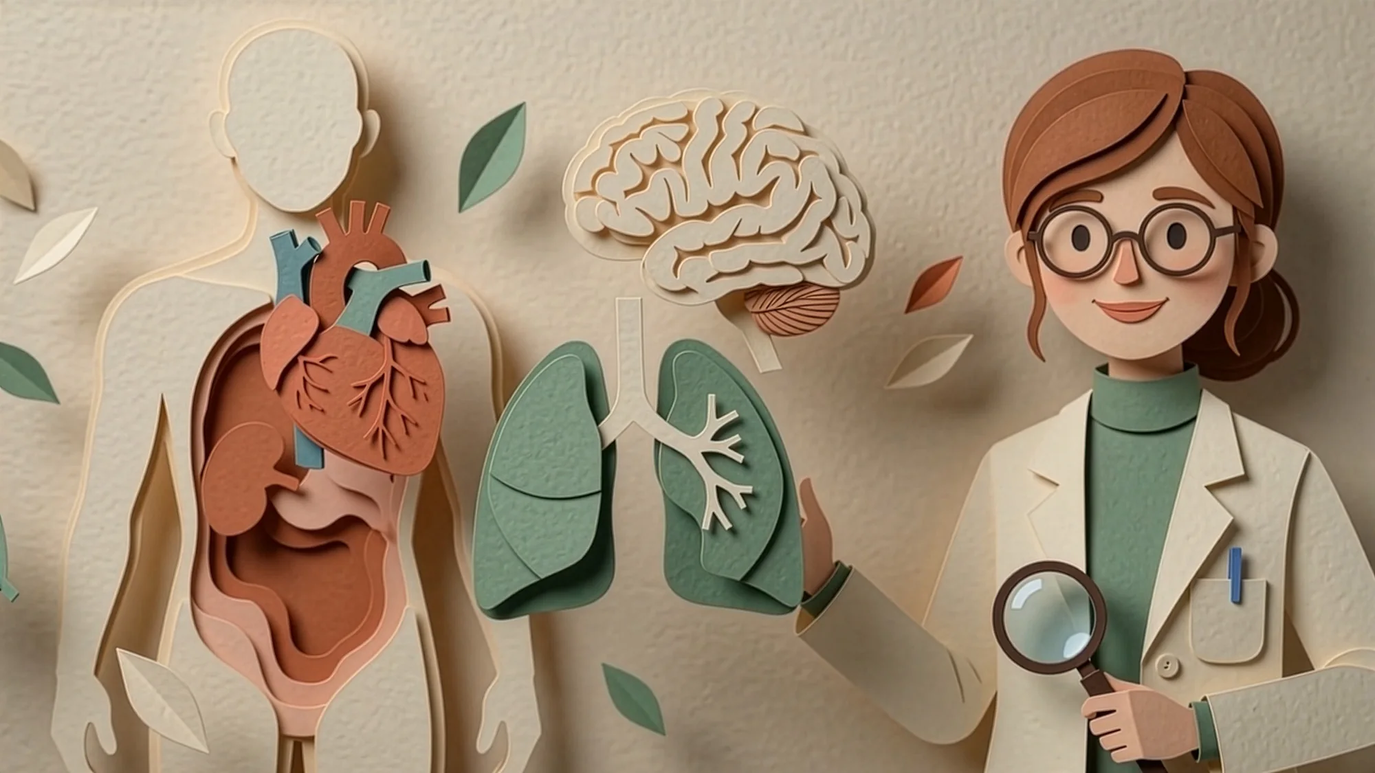 Dr. Reed with paper-cut organs: heart, lungs and brain floating out of the body silhouette