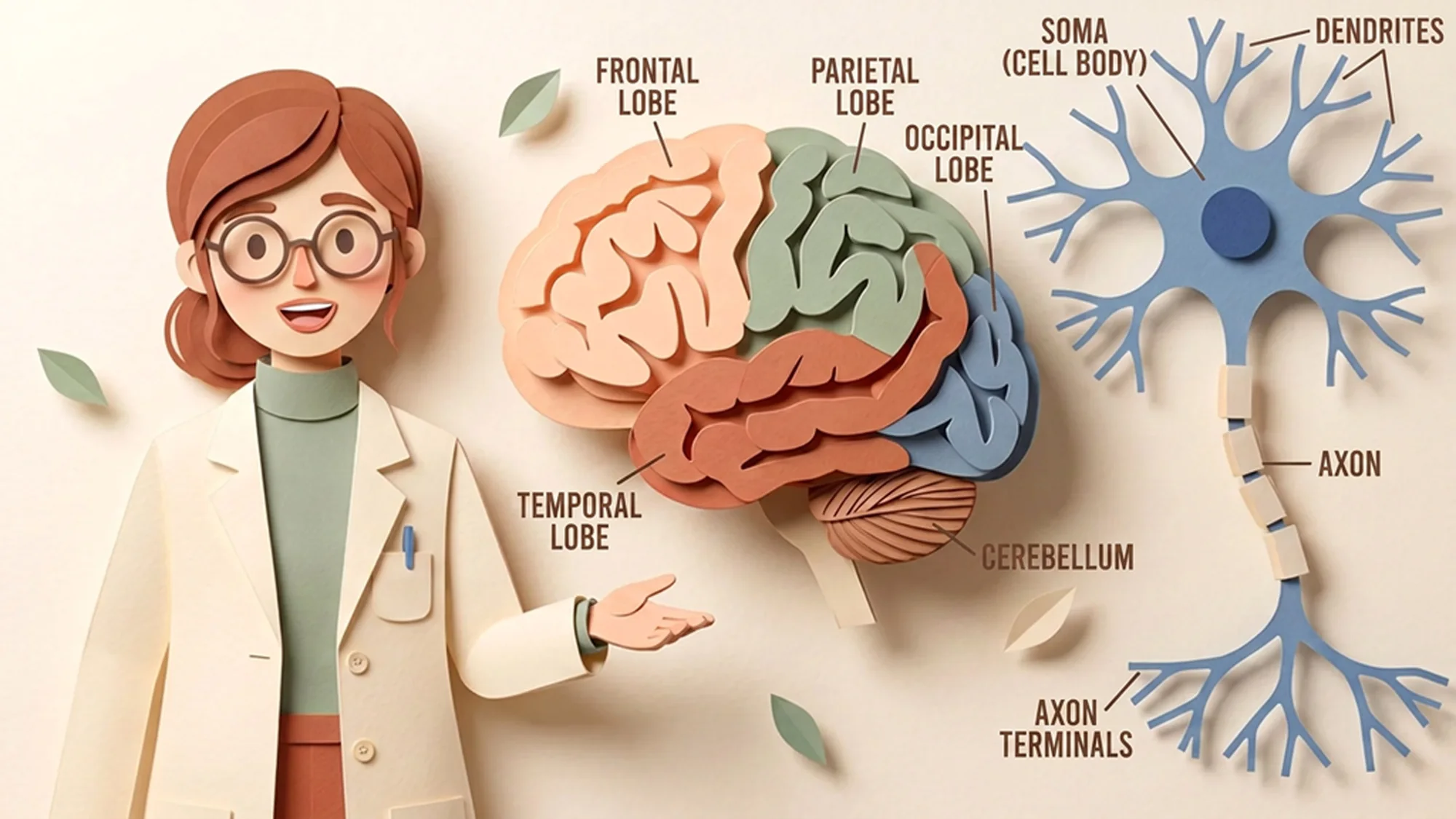 Dr. Reed presenting a labelled brain cross-section and a paper-cut neuron diagram