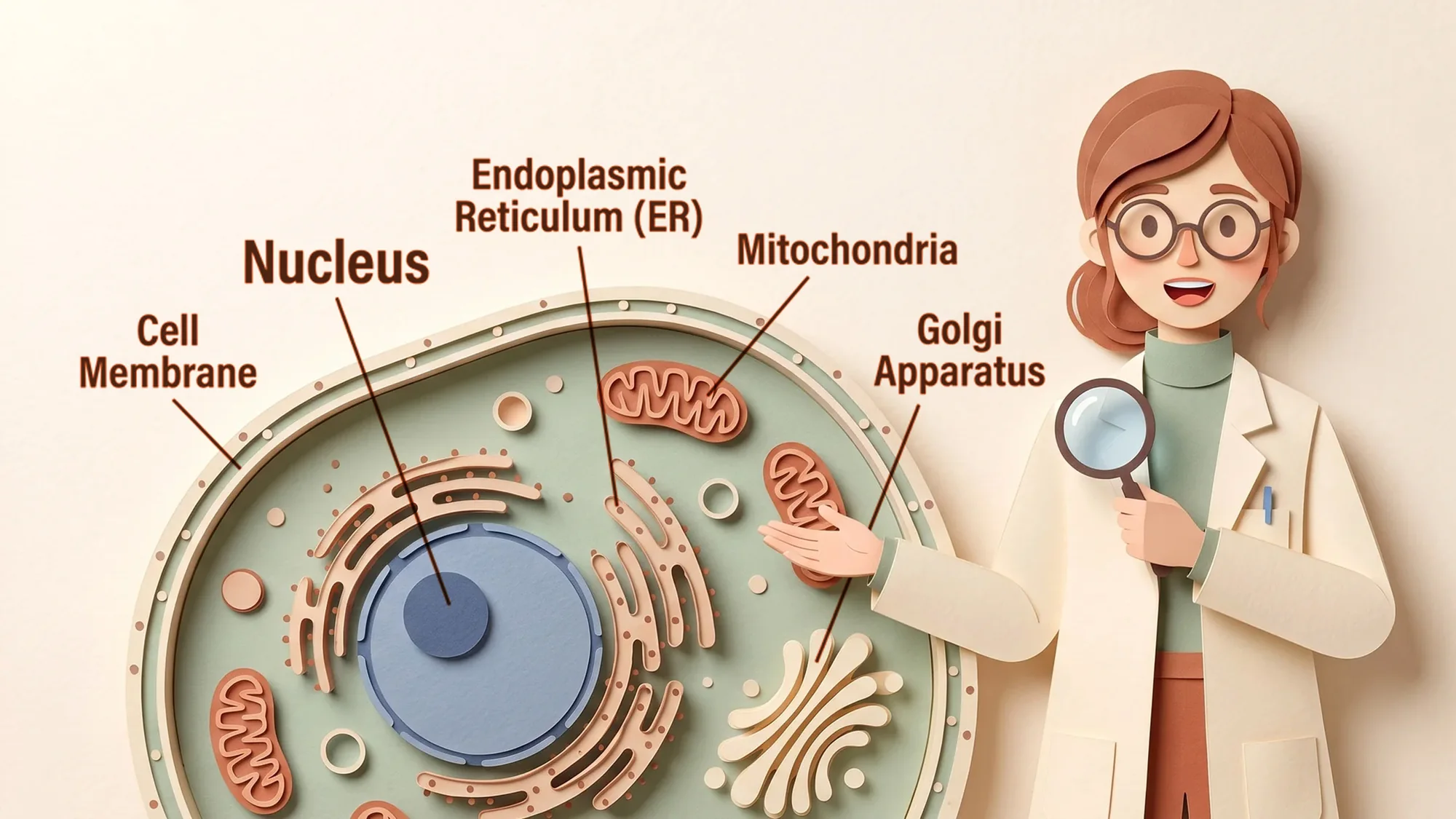 Dr. Reed beside a cross-section of a cell showing nucleus, mitochondria, endoplasmic reticulum and Golgi apparatus