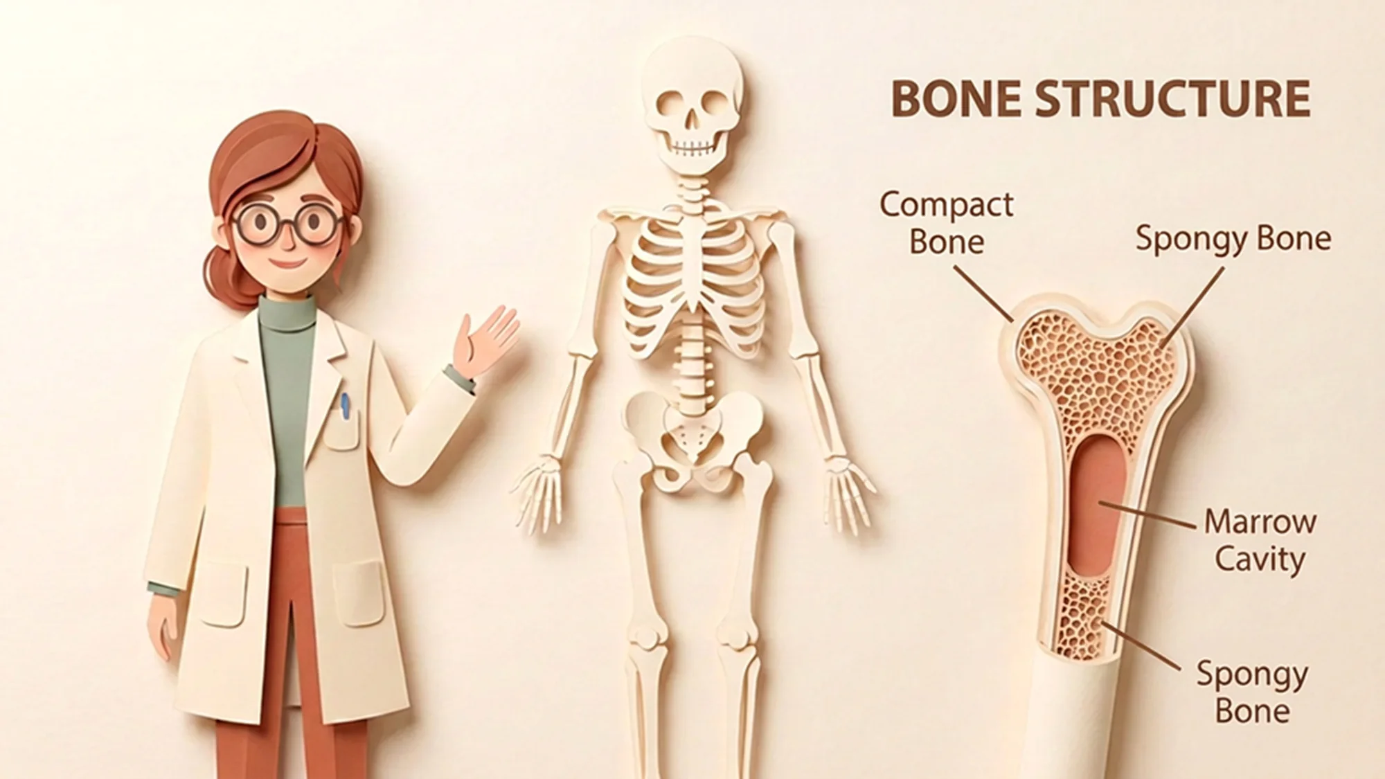 Dr. Reed with a full paper-cut skeleton and a bone cross-section showing compact and spongy bone