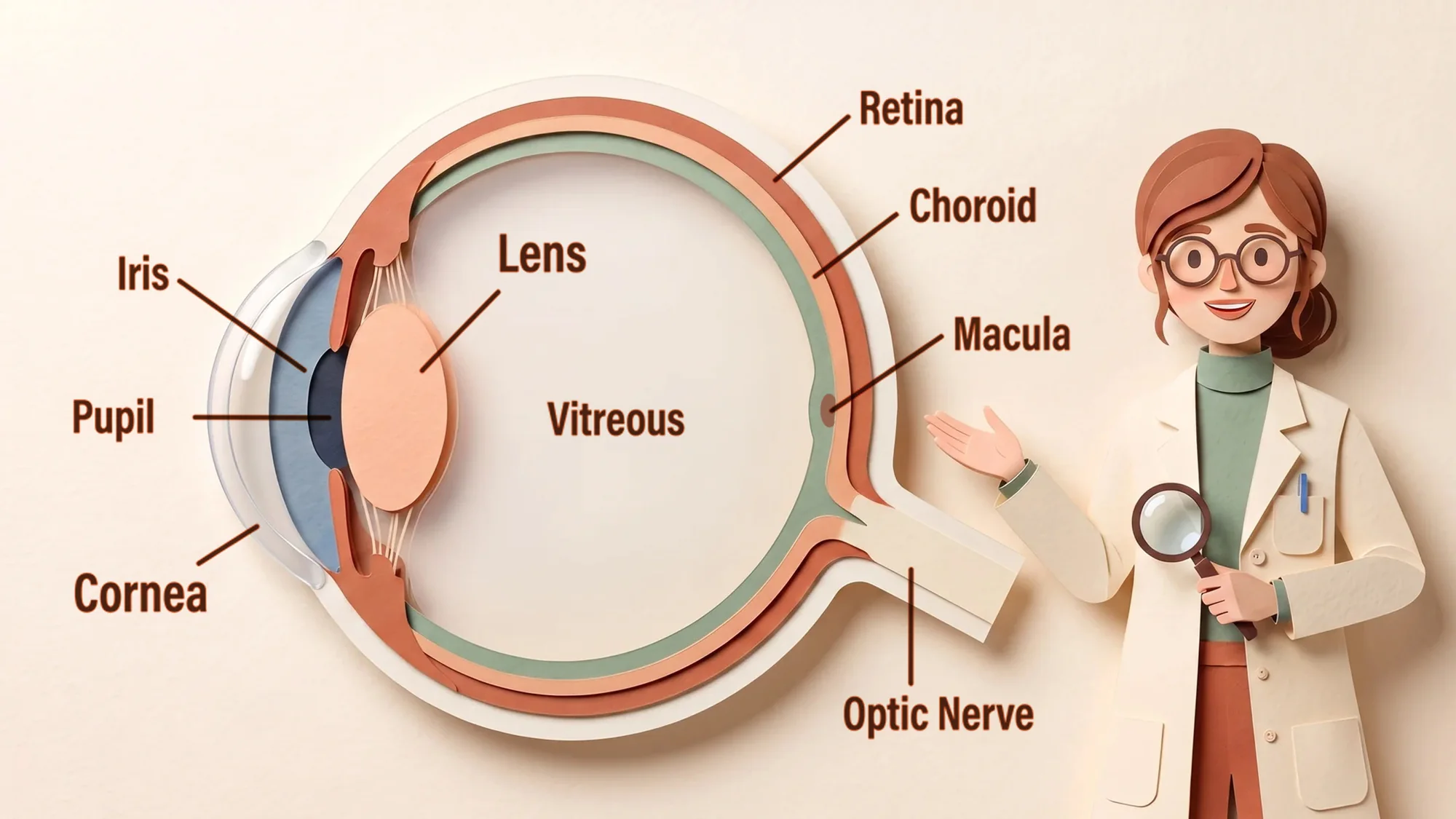 Dr. Reed presenting a cross-section of the eye with labelled anatomy