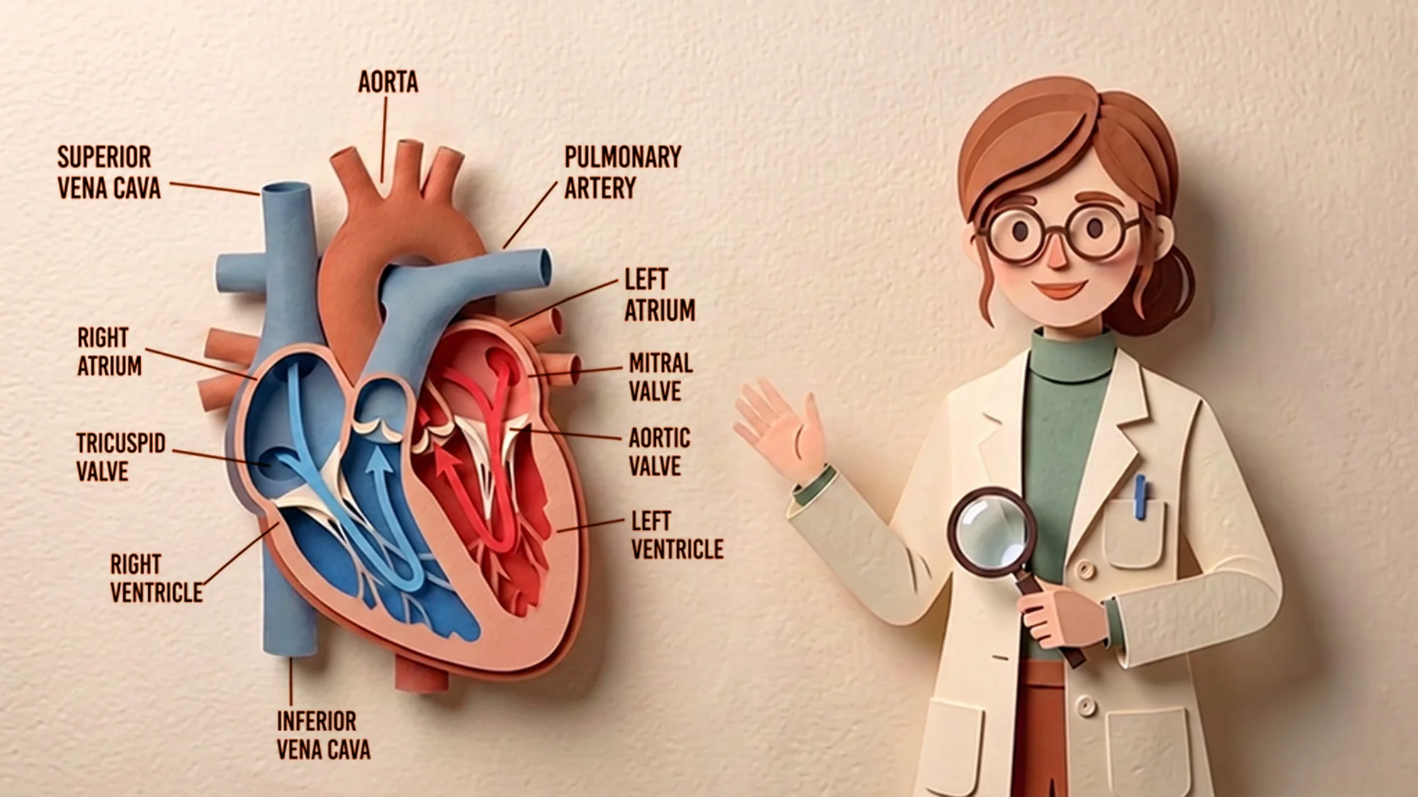 Dr. Reed beside a labelled cross-section of the heart showing chambers and valves