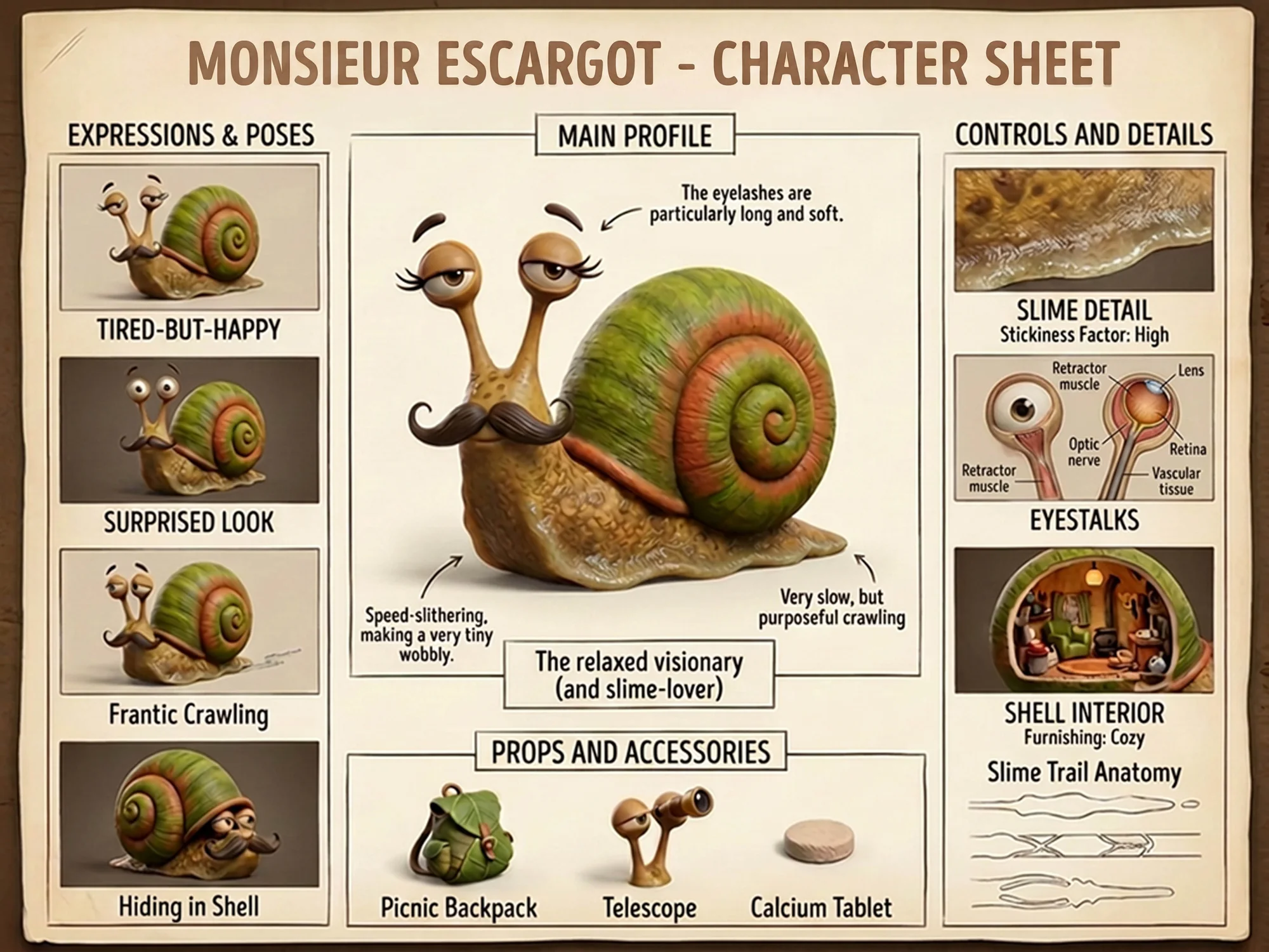 Monsieur Escargot character sheet — expressions, main profile, props and anatomy details