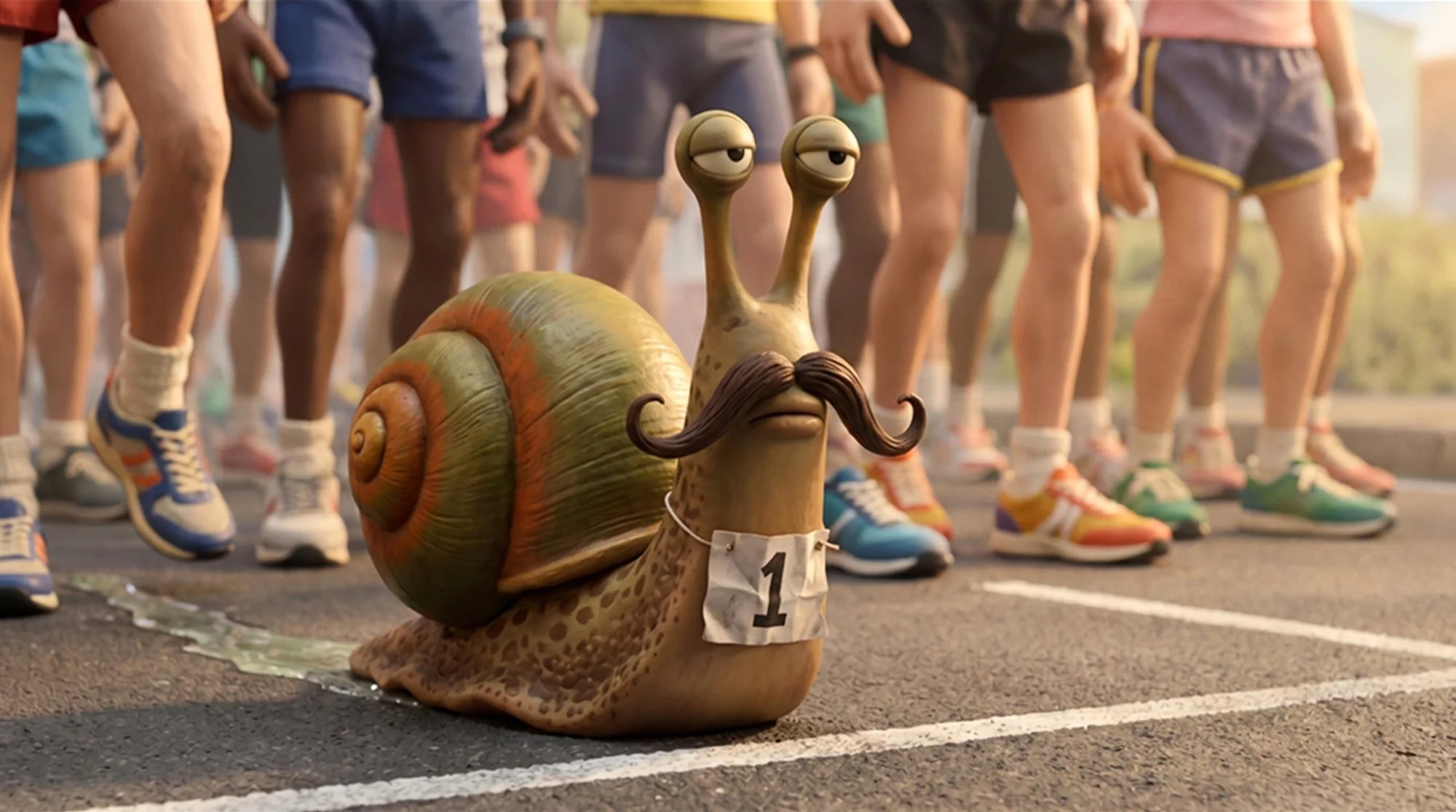 Monsieur Escargot at the start line of a road race, bib number 1, surrounded by runners' legs
