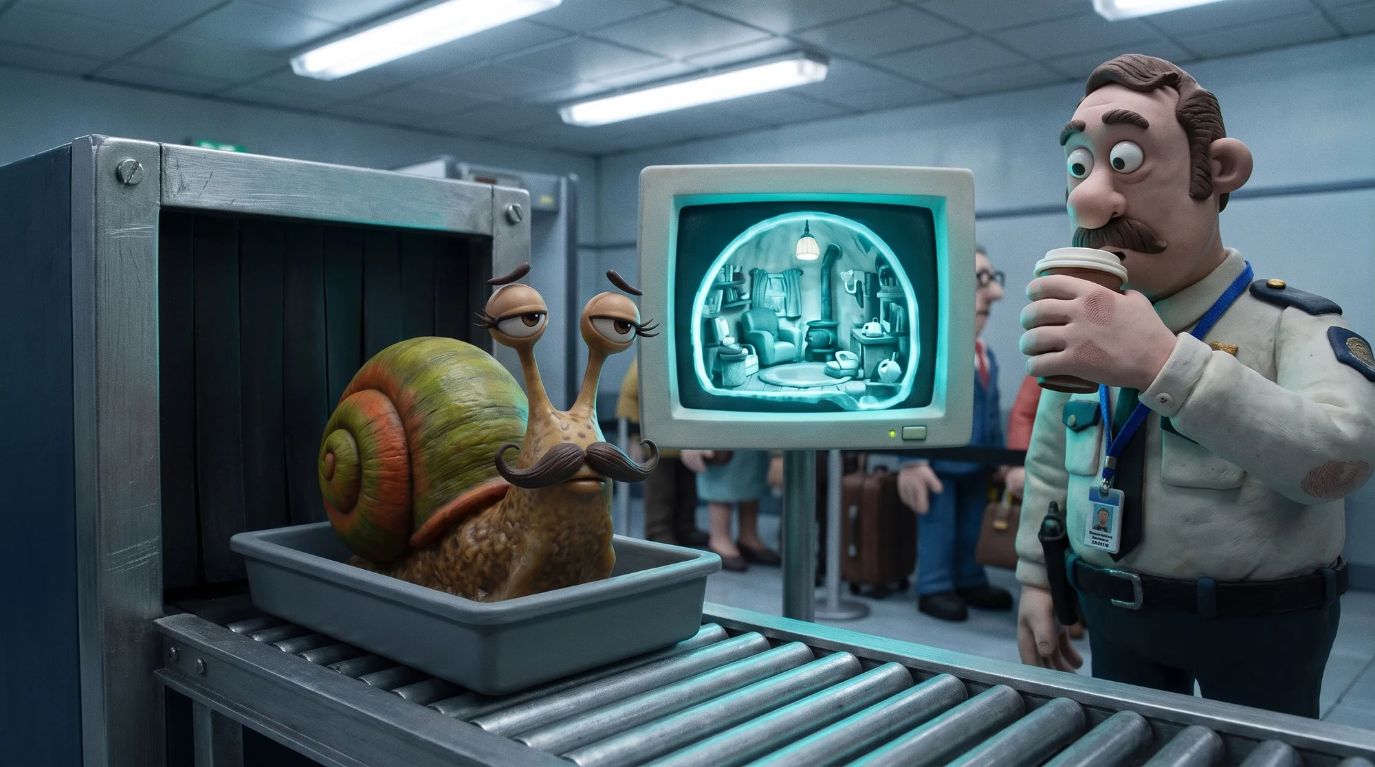 Monsieur Escargot going through airport security — the X-ray screen reveals a cosy furnished shell interior
