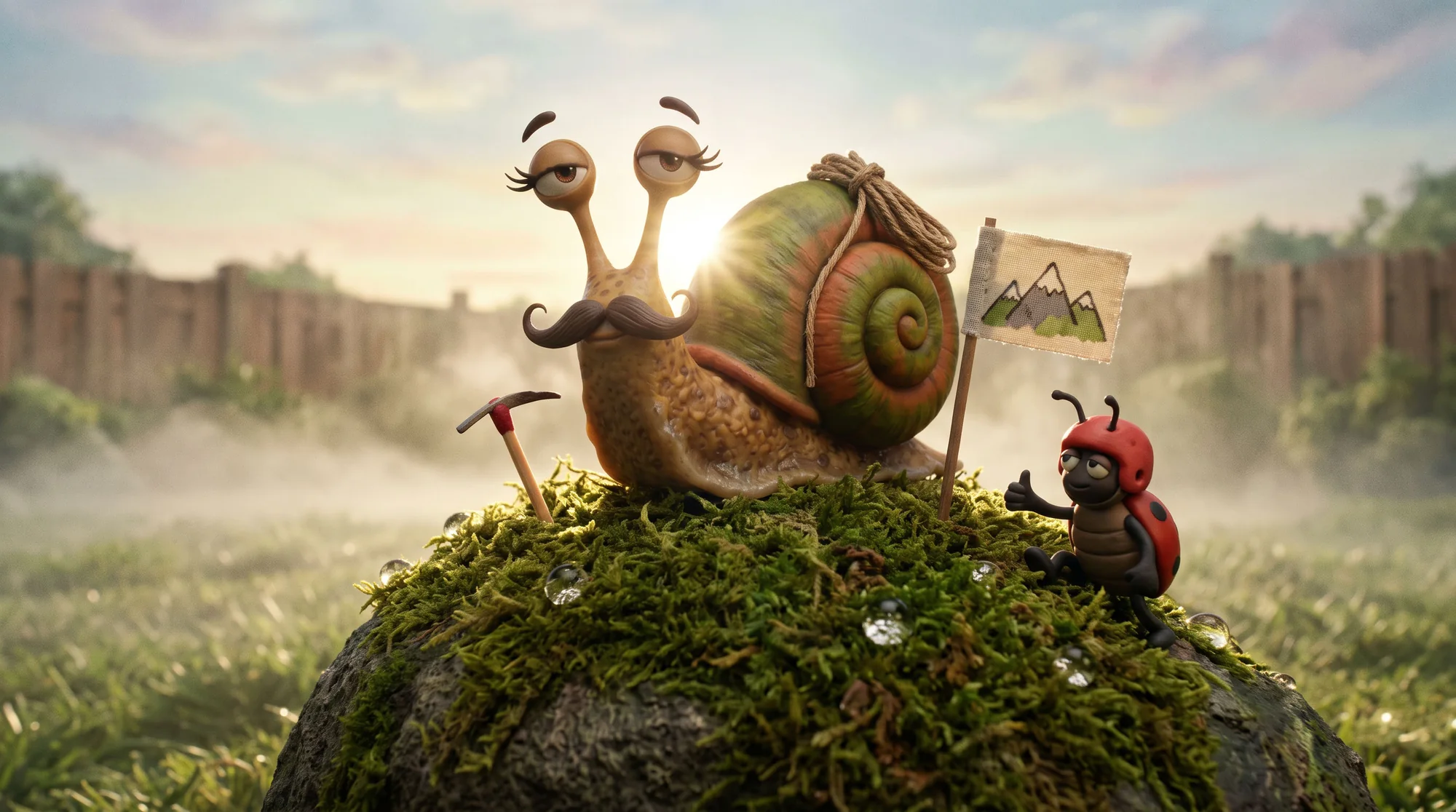 Monsieur Escargot on top of a mossy stone with a pickaxe, a mountain flag and a ladybird companion