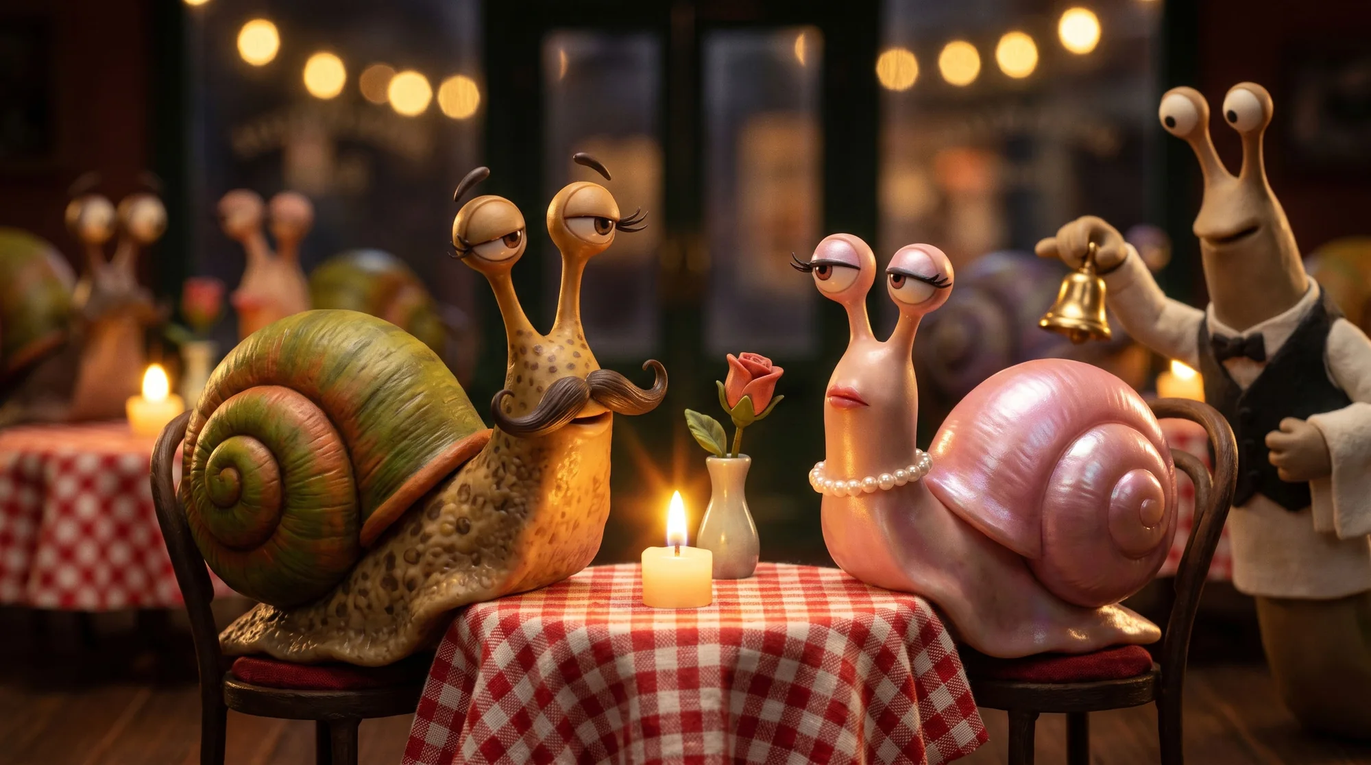 Monsieur Escargot on a candlelit dinner date with a pink snail; a slug waiter rings a bell behind