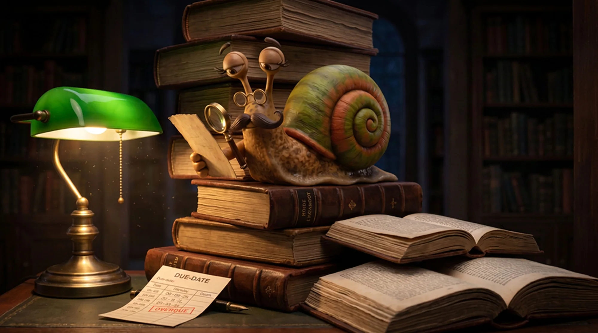 Monsieur Escargot perched on a stack of overdue library books, reading with a magnifying glass