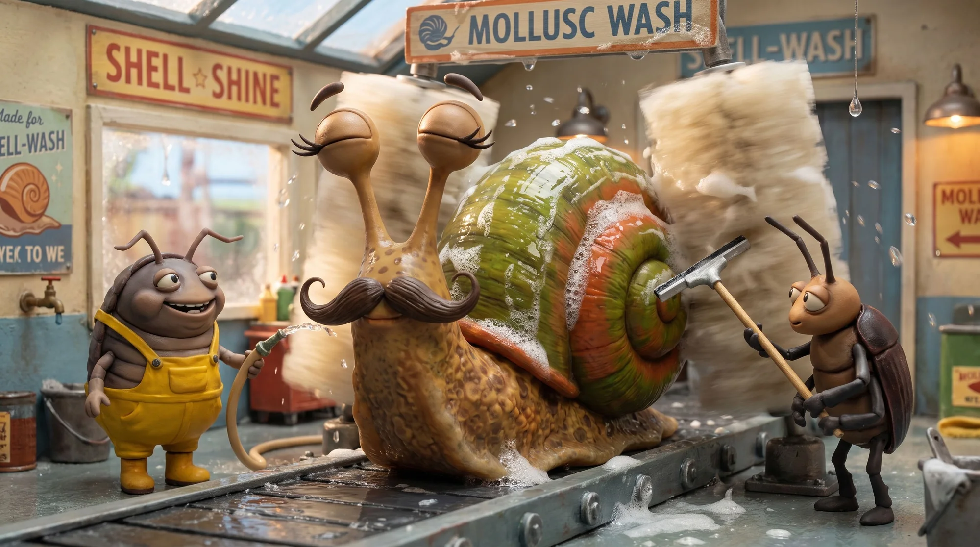 Monsieur Escargot at a shell-wash station — two bugs scrub his shell with foam and a squeegee