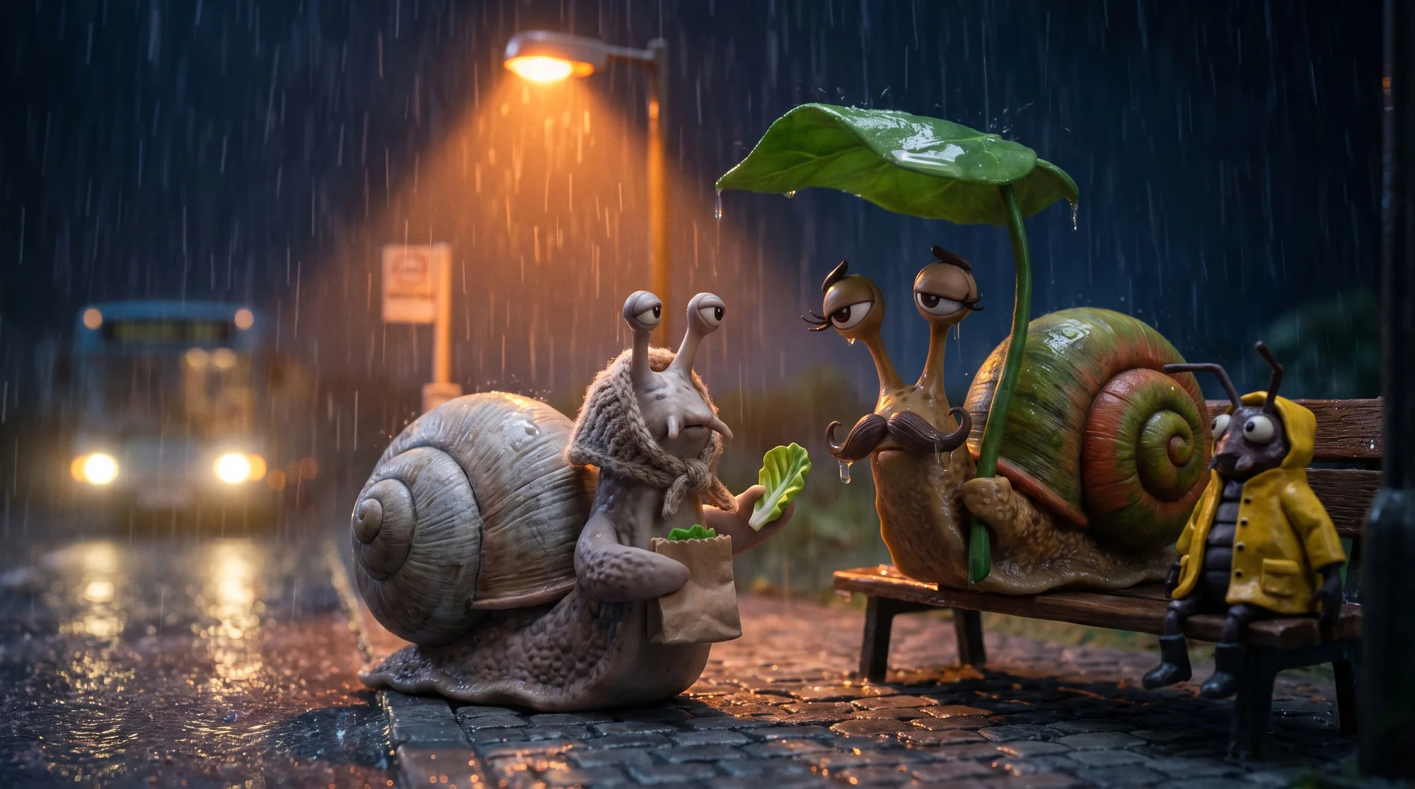 Monsieur Escargot sheltering a stranger snail under a leaf at a rainy bus stop; a bug in a yellow raincoat looks on