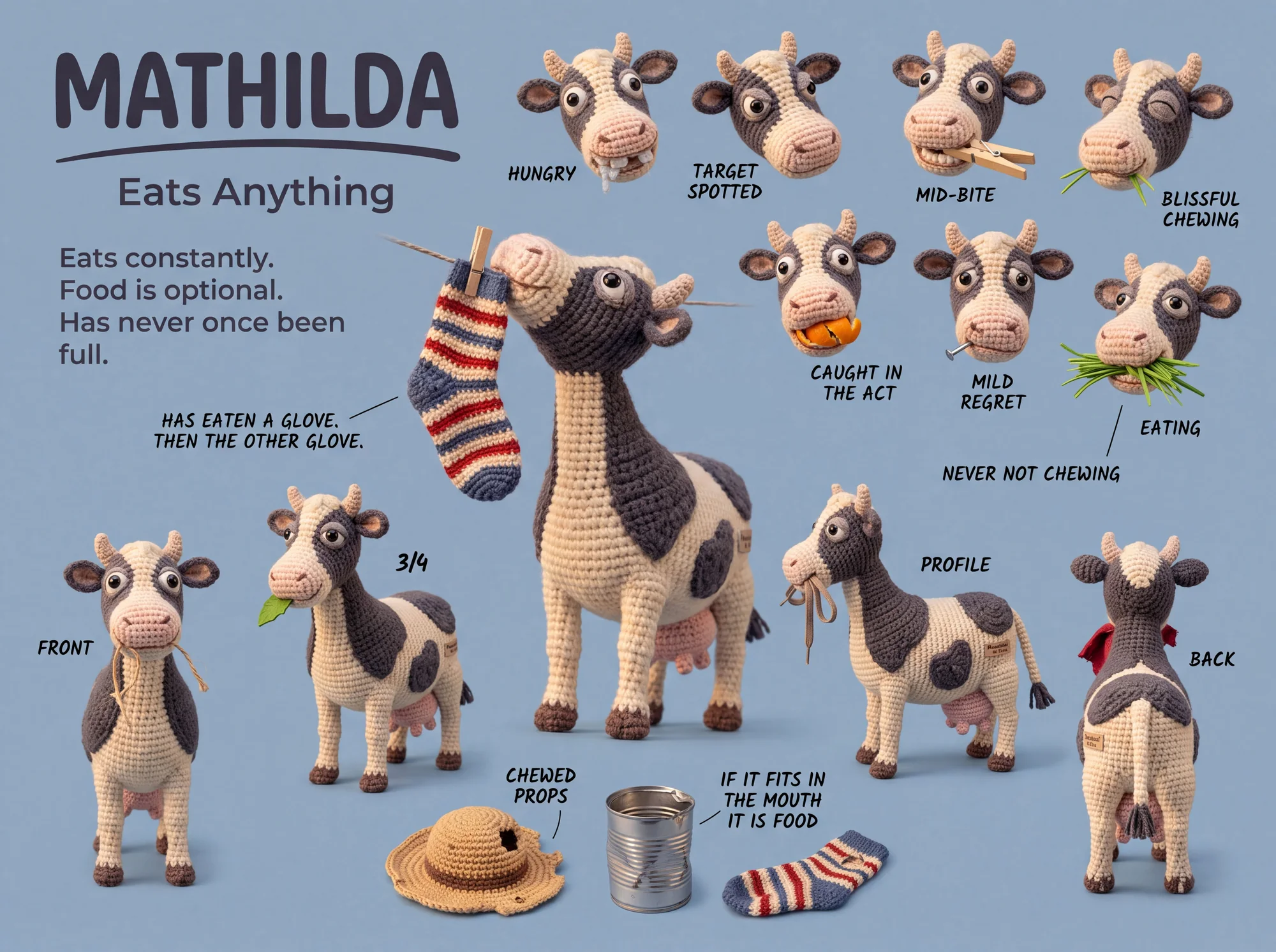 Mathilda character sheet — expressions, front/3-4/profile/back views, chewed hat, tin can and sock props, colour palette
