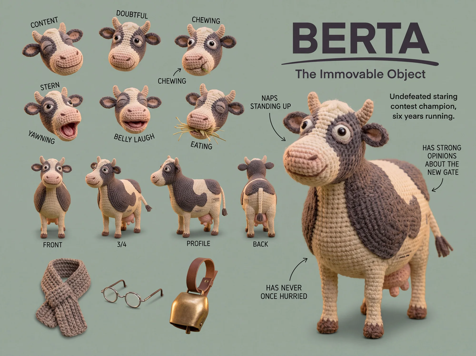 Berta character sheet — expressions, front/3-4/profile/back views, scarf, glasses and cowbell props, colour palette