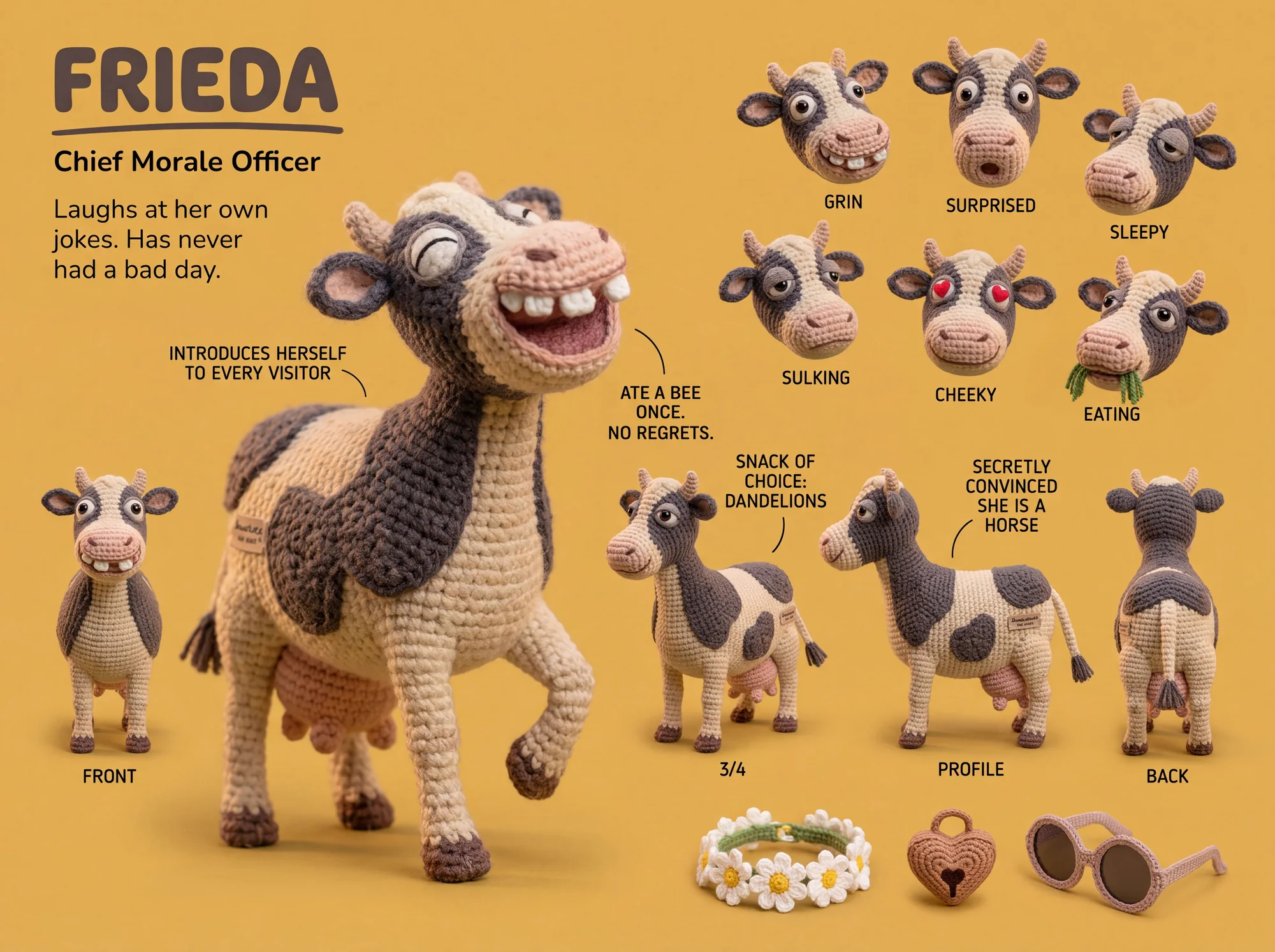 Frieda character sheet — expressions, front/3-4/profile/back views, daisy collar, heart charm and sunglasses props, colour palette