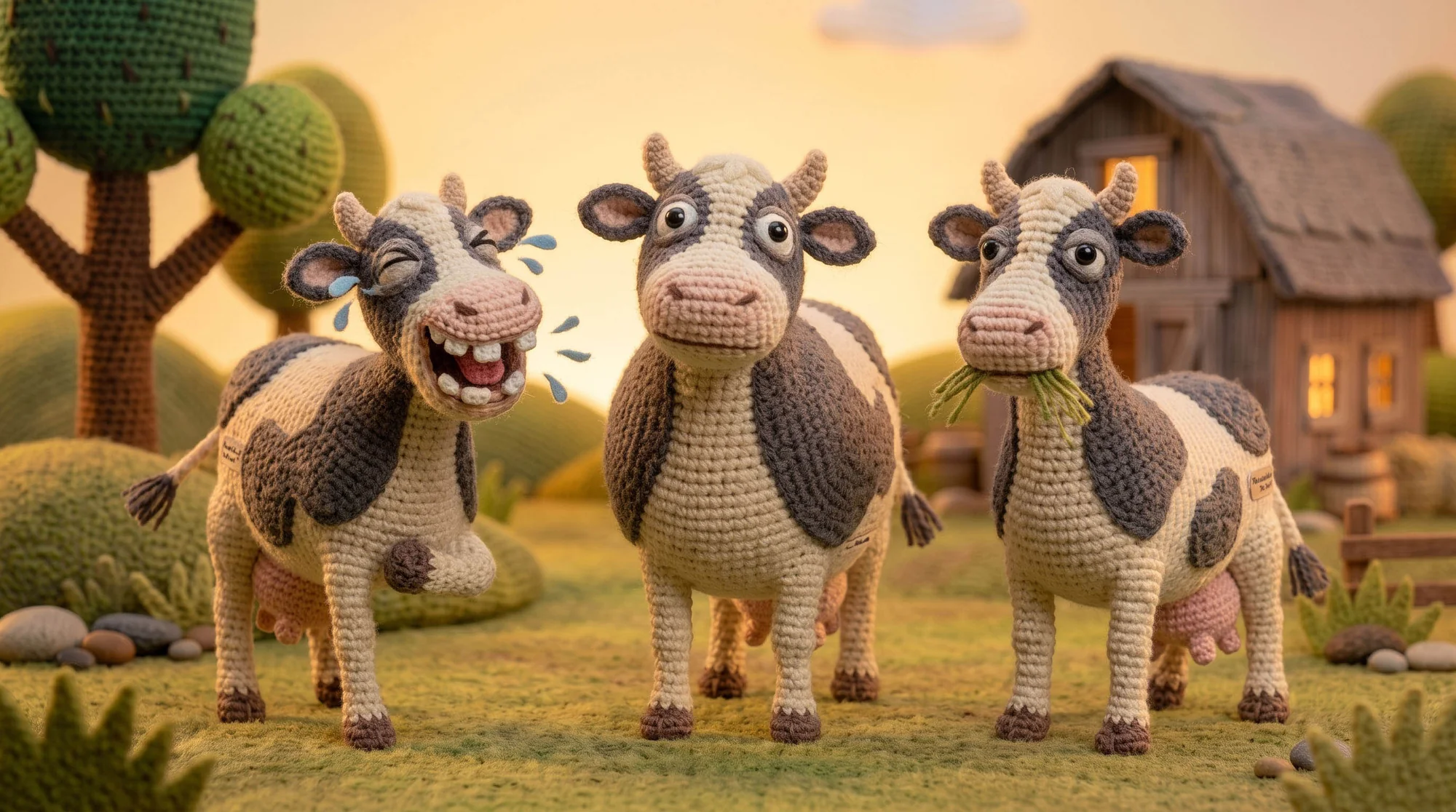 Three cows in a farmyard at sunset, one laughing uncontrollably while the others look on