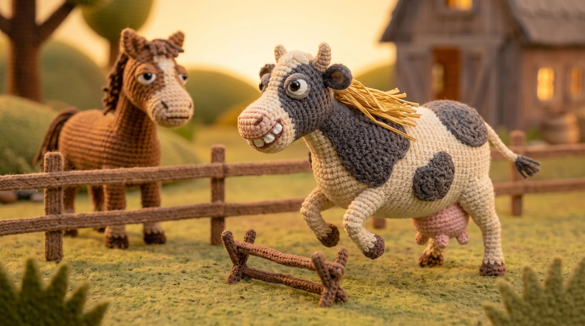A cow bursting through a broken fence with straw caught on its ear, a startled horse looking on
