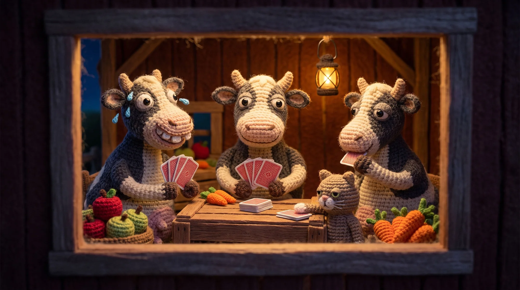 Three cows playing cards in a lantern-lit barn, a cat watching from the table