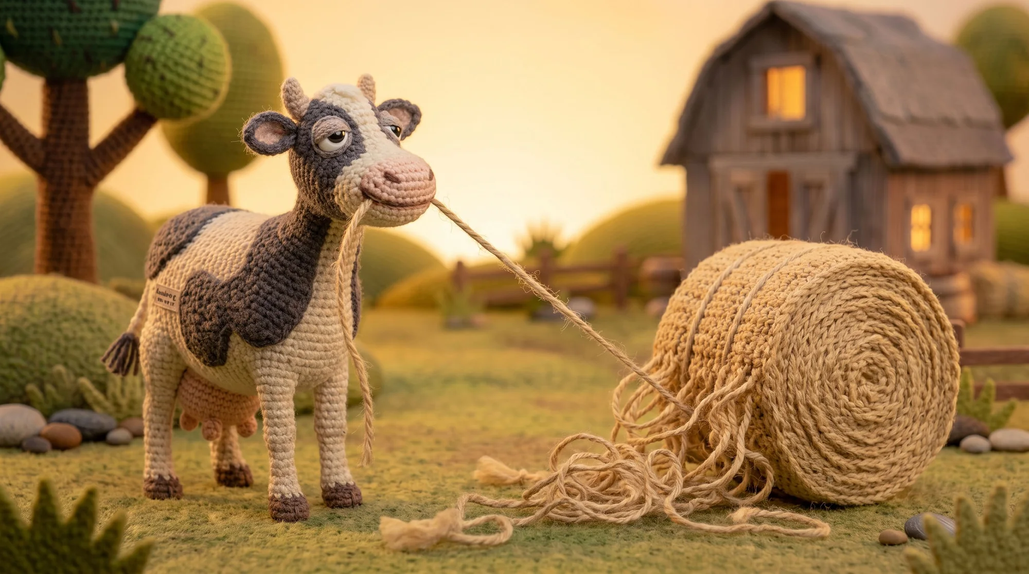 A cow pulling loose thread from a giant unravelling hay bale