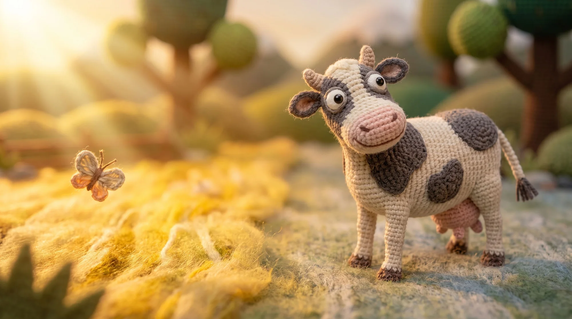 A cow watching a butterfly in a sunlit meadow