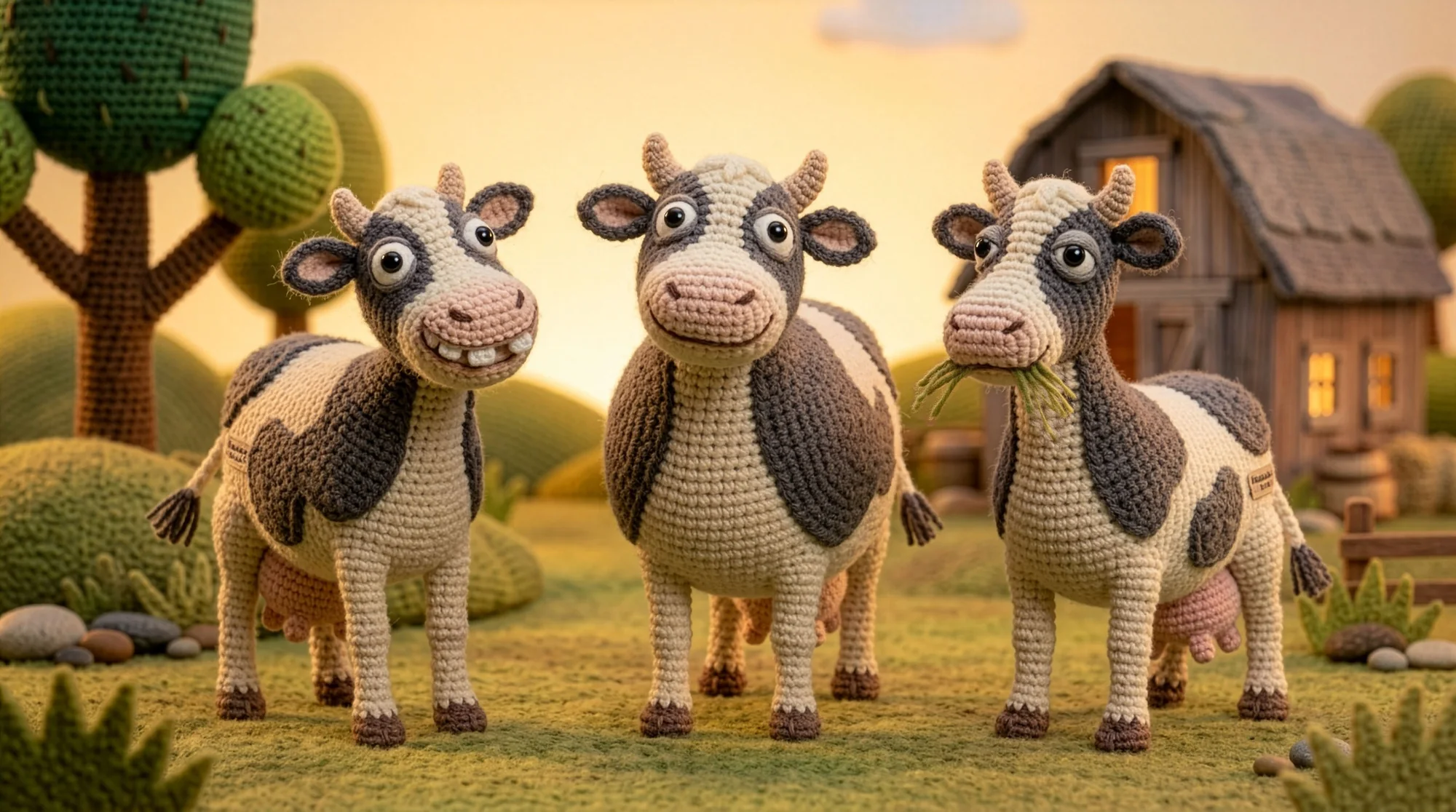 Three crocheted cows — Frieda, Berta and Mathilda — standing together in a farmyard at sunset