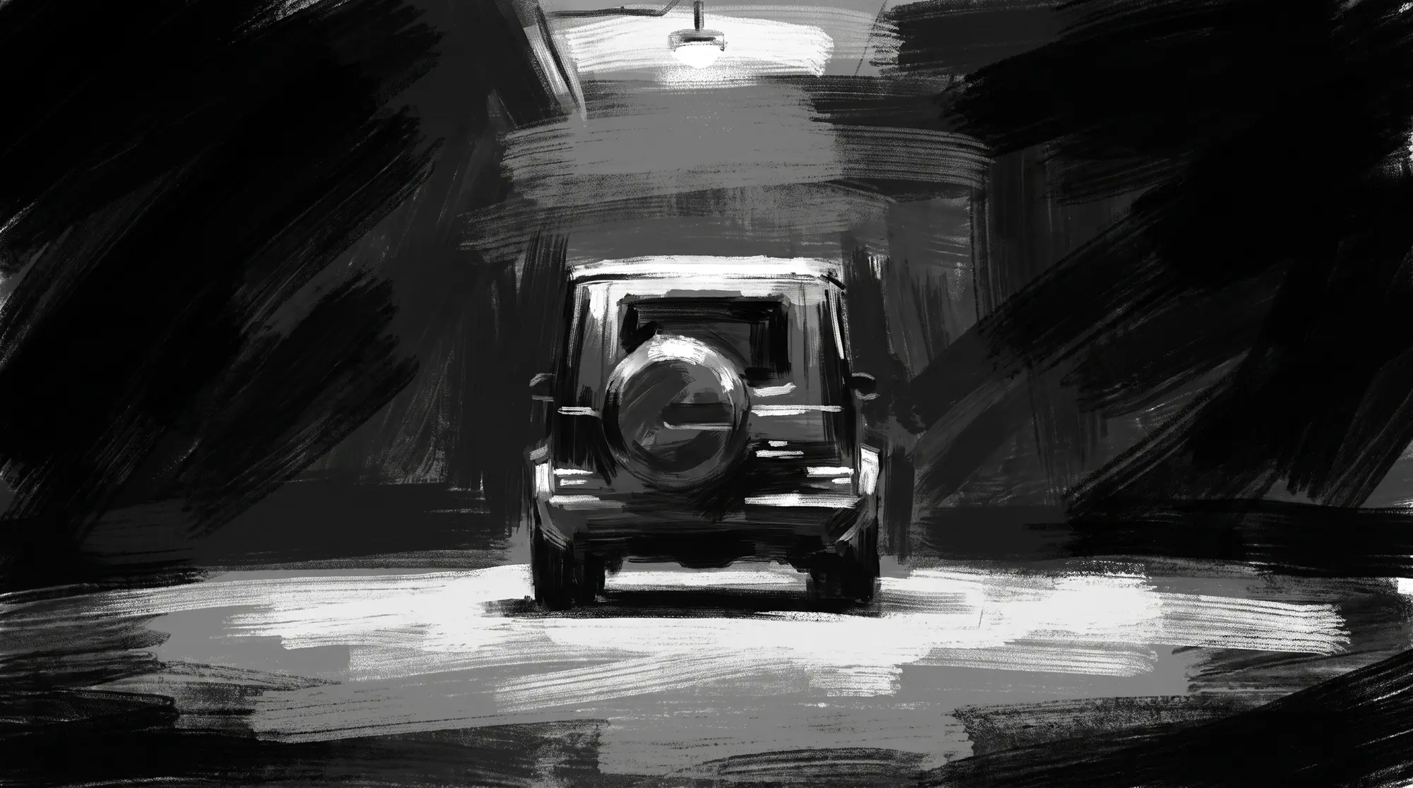 G-Class rear view in monochrome — painterly sketch, garage setting with single overhead light