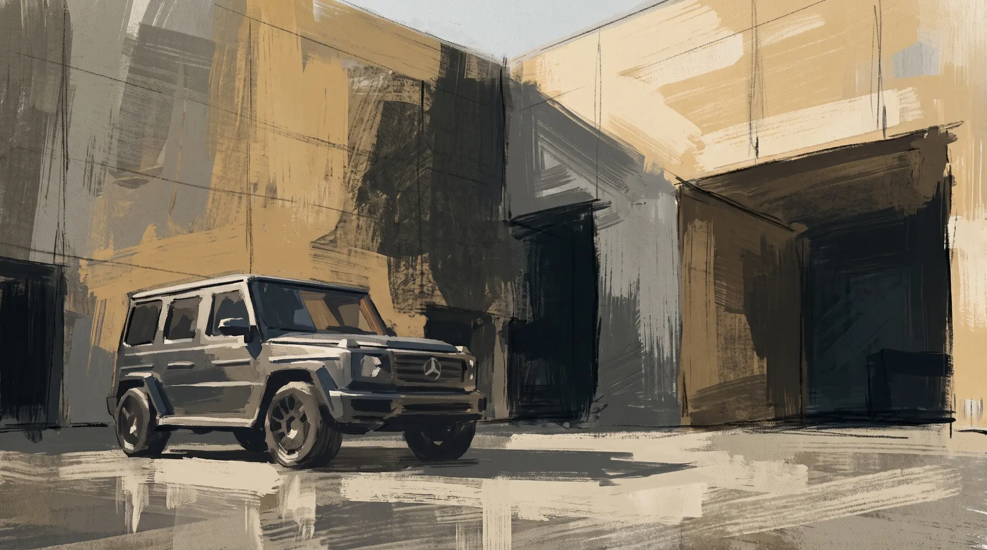 G-Class three-quarter front view — painterly sketch in warm golden tones, urban warehouse backdrop