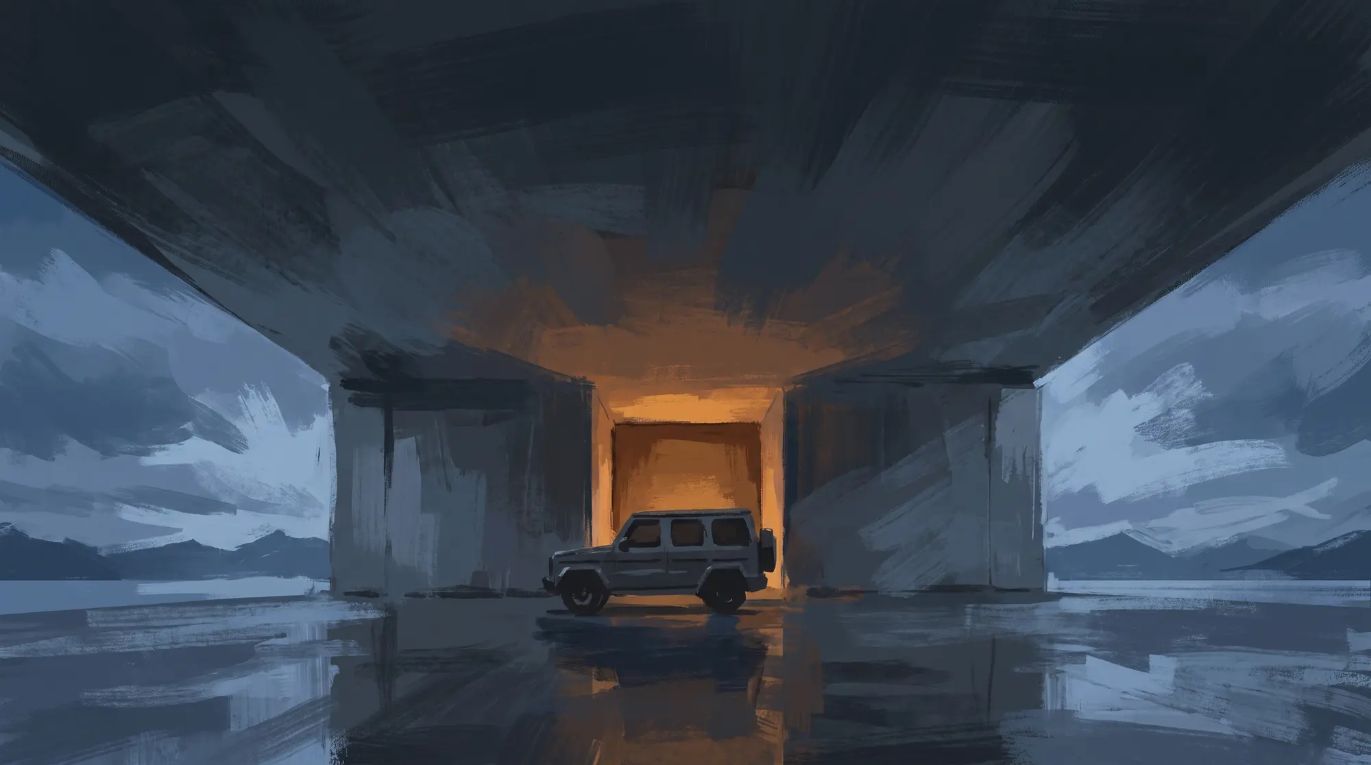 G-Class under a bridge at dusk — painterly sketch with warm orange backlight and storm clouds