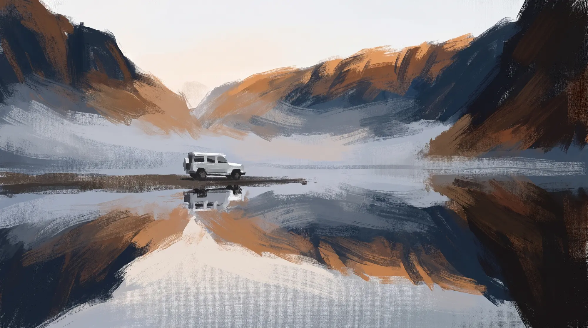 G-Class on a mountain lake — painterly sketch with mirror reflection, dawn light and autumn colours