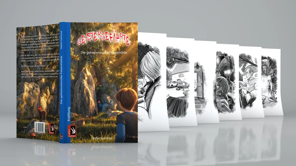The book cover for Geistergefährte — Die geheimnisvolle Felsenhöhle, next to a fan of six pencil storyboard panels from the story