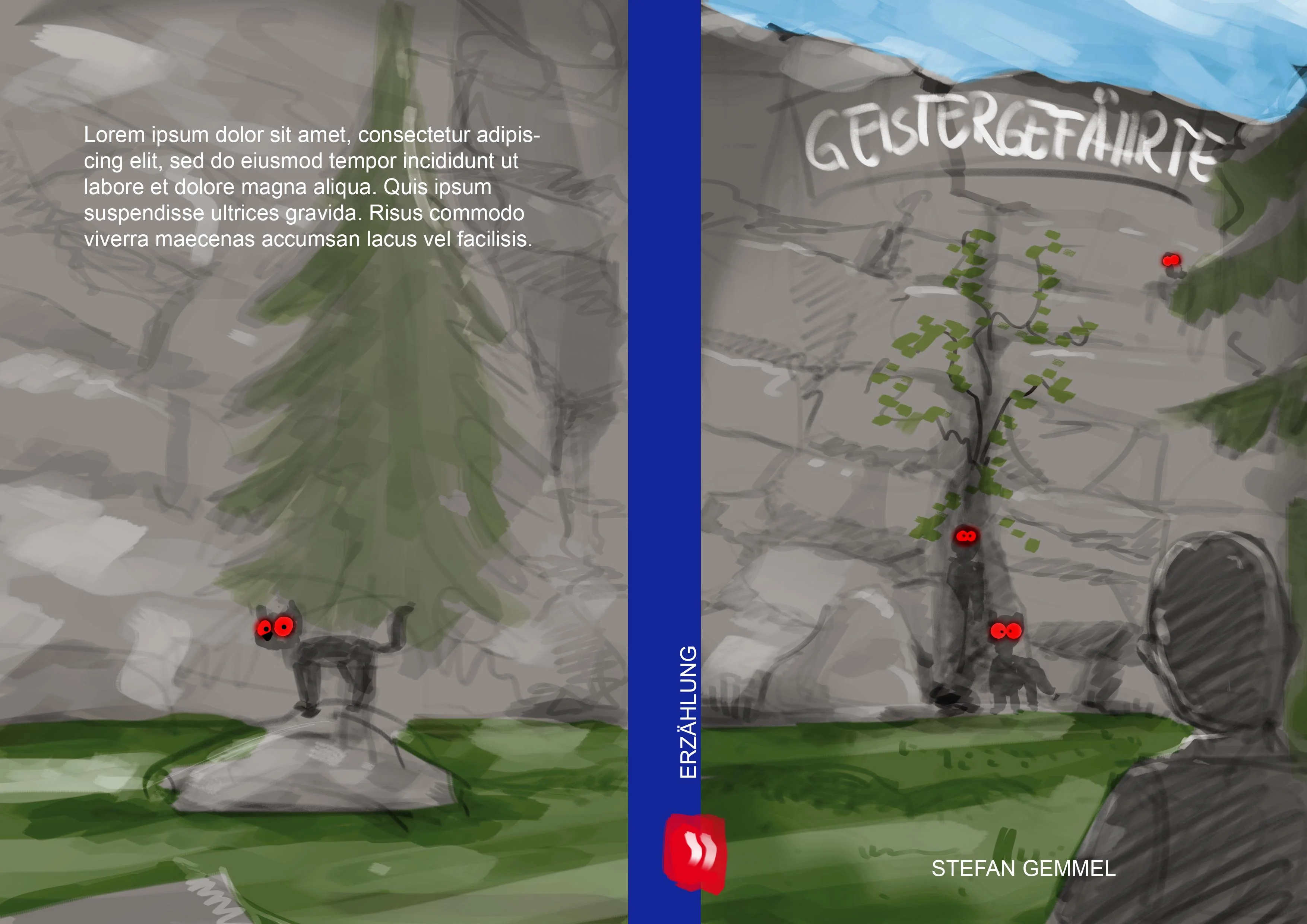 A painted cover concept for Geistergefährte, showing a glowing-eyed cat statue on a boulder before a rock face with the story's lettering carved into the stone, and the back-cover text panel