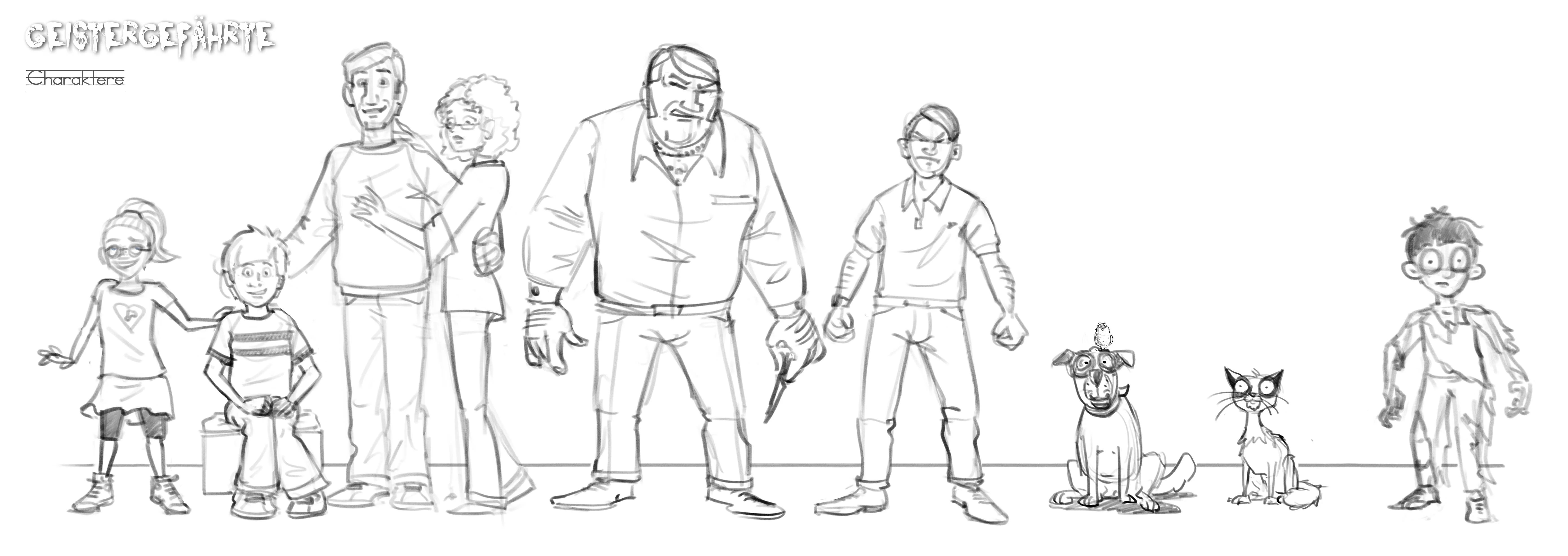 A pencil character line-up for Geistergefährte — the whole cast, from the young heroine and her parents to an older boy, a dog and cat, and a ghostly zombie-like boy