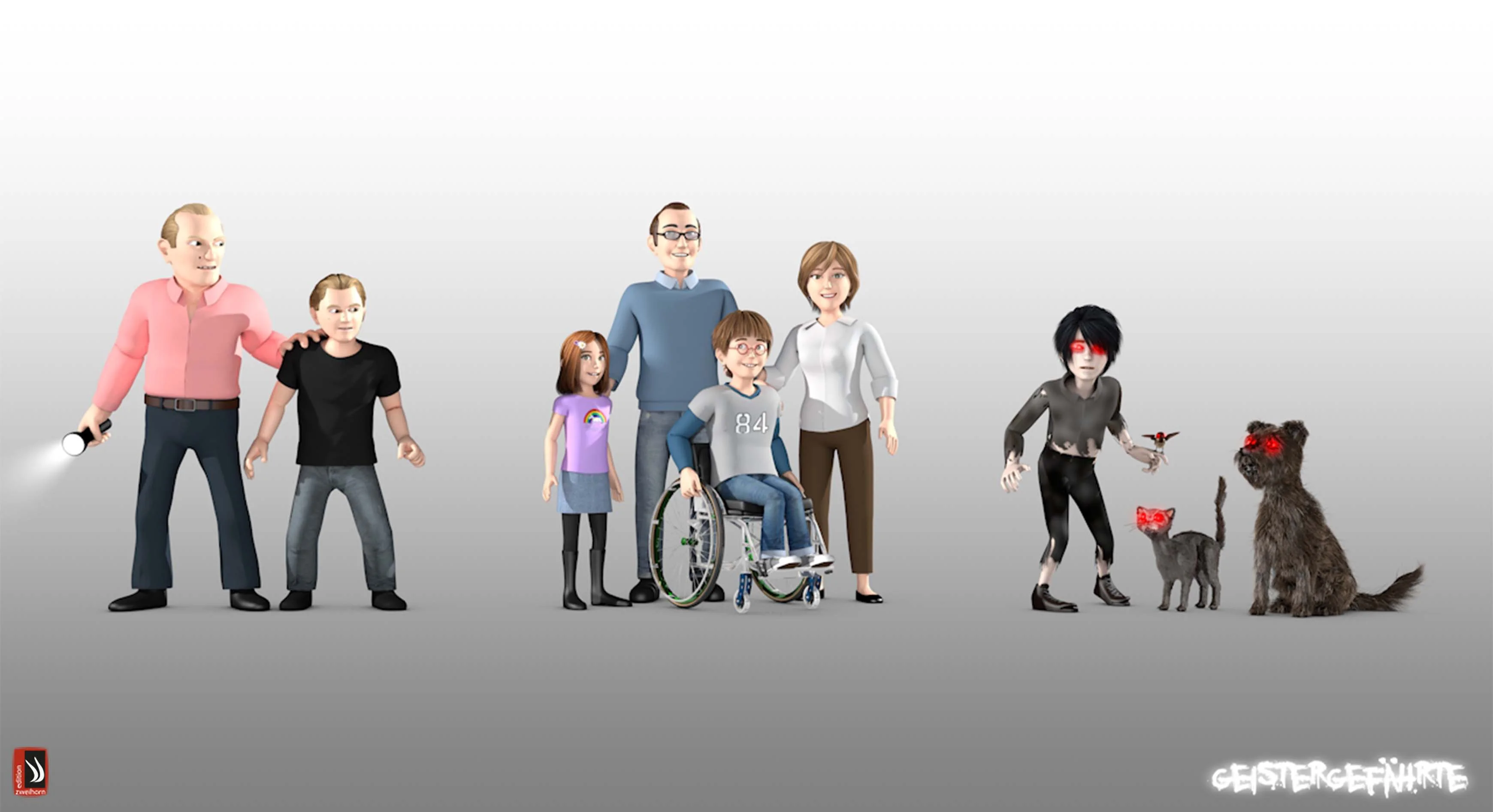 The fully rendered 3D cast — a man and boy with a flashlight, a family of four including a boy in a wheelchair, and the ghostly zombie-like boy with a glowing-eyed cat and dog