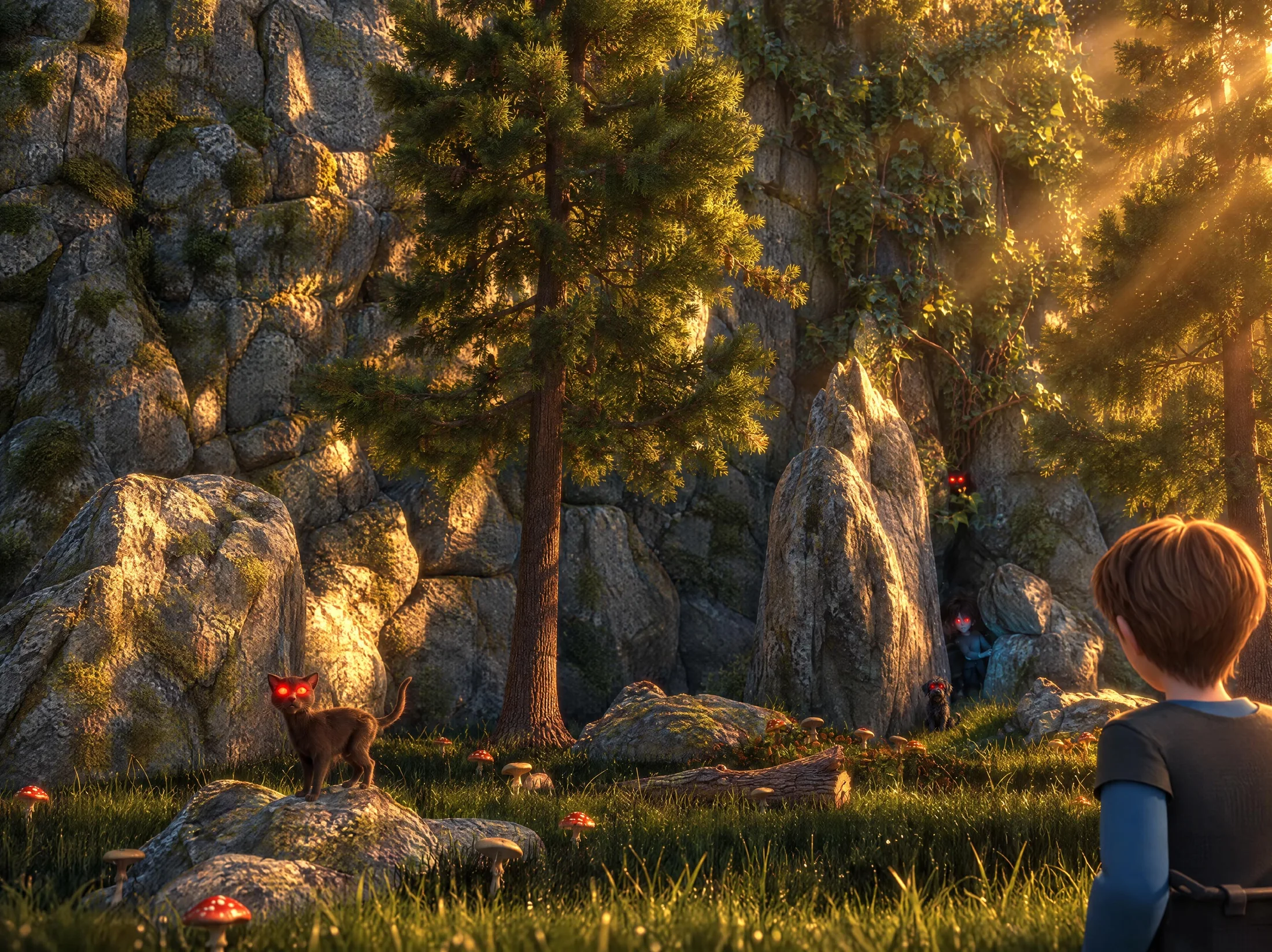 A boy stands at the edge of a sunlit rocky grove, watching a black cat with glowing red eyes and a ghostly figure peering out from between the stones