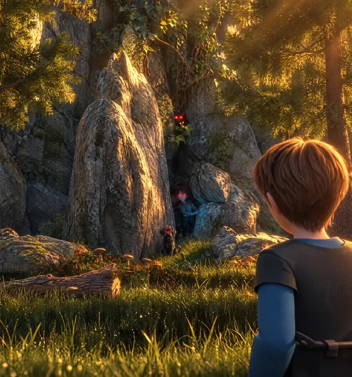 A boy watches a black cat with glowing red eyes and a ghostly figure peering out from a sunlit rocky grove