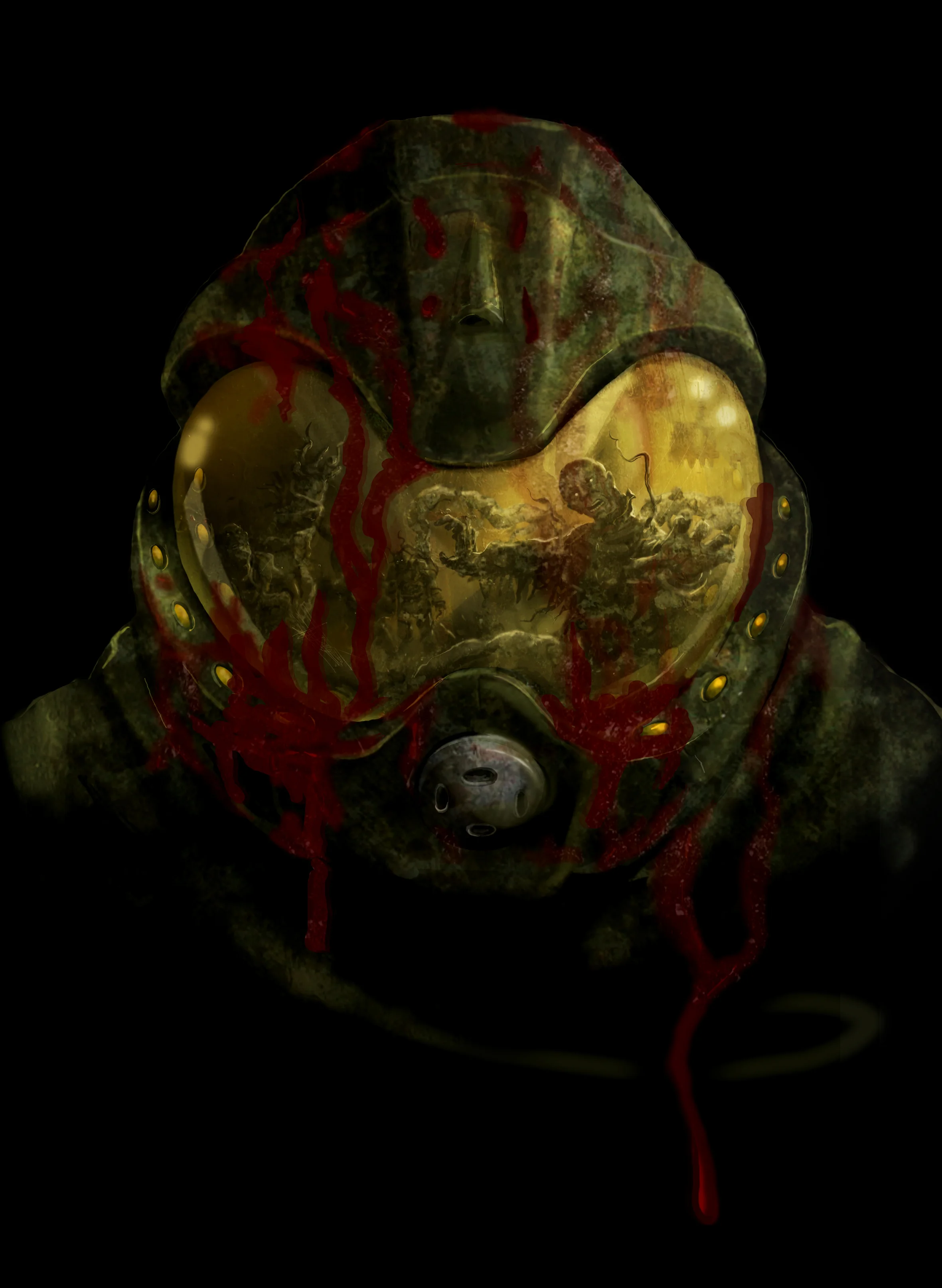 A battle-worn, blood-streaked breathing-apparatus helmet, a faded painted scene of a creature and a huddled survivor glowing within its cracked amber visor