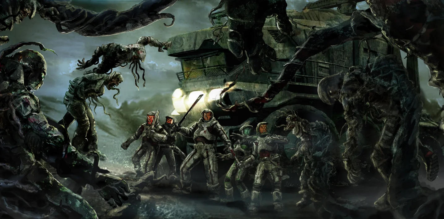 An armored squad facing a towering vine-draped creature in the mist, an armored transport vehicle behind them with floodlights cutting through the fog