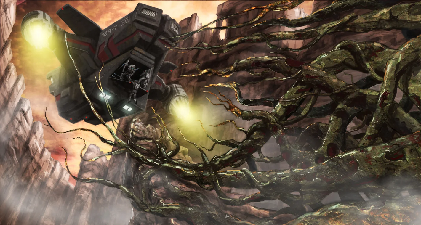 An aerial dropship threading through a canyon choked with thick, root-like alien growth, two crew visible in its open hatch