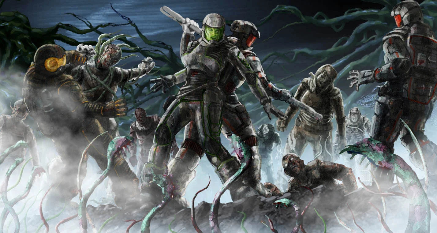 The squad battling a swarm of parasite-fused humanoid creatures in a swirling green mist, vines and tendrils looping overhead