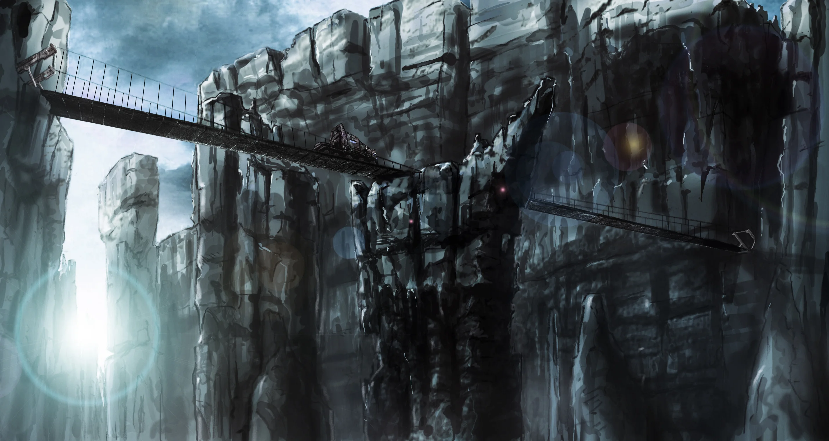 Two rope-and-plank suspension bridges spanning a deep canyon between weathered rock towers, a small vehicle crossing one span