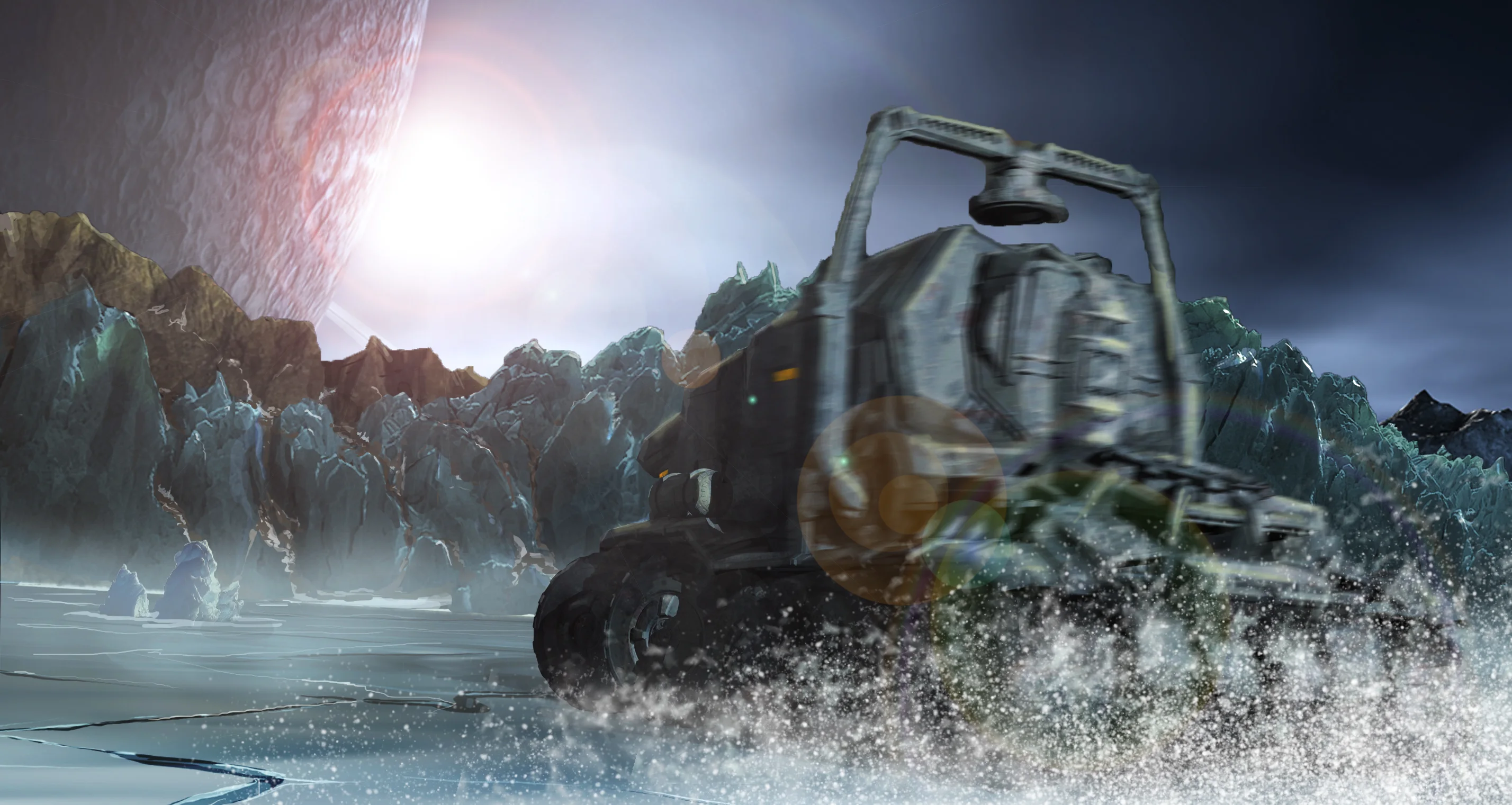 An armored rover crossing a frozen, ice-cracked plain beneath a ringed planet and rising sun, kicking up snow