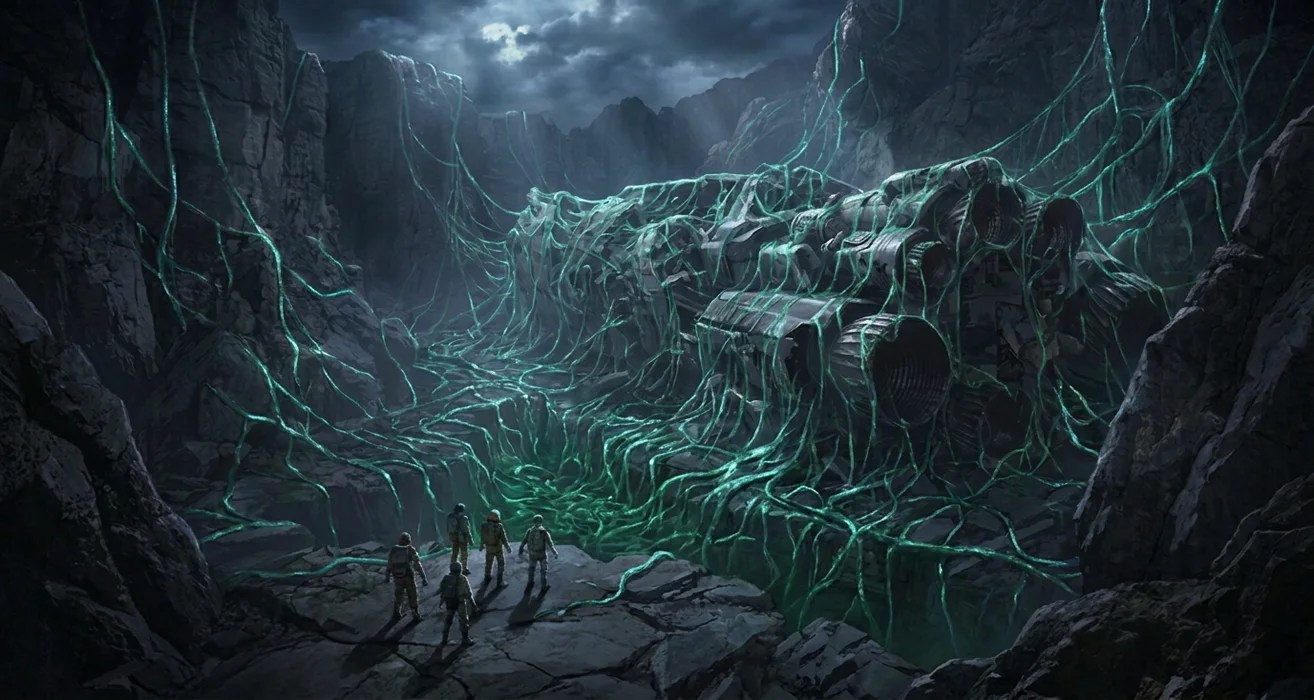 Four suited crew members standing before a massive crashed vessel entangled in glowing green vines deep in a rocky canyon