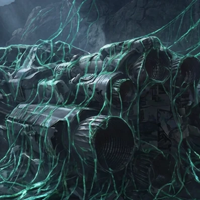 A crashed vessel entangled in glowing green vines, half-buried in a rocky, fog-shrouded canyon